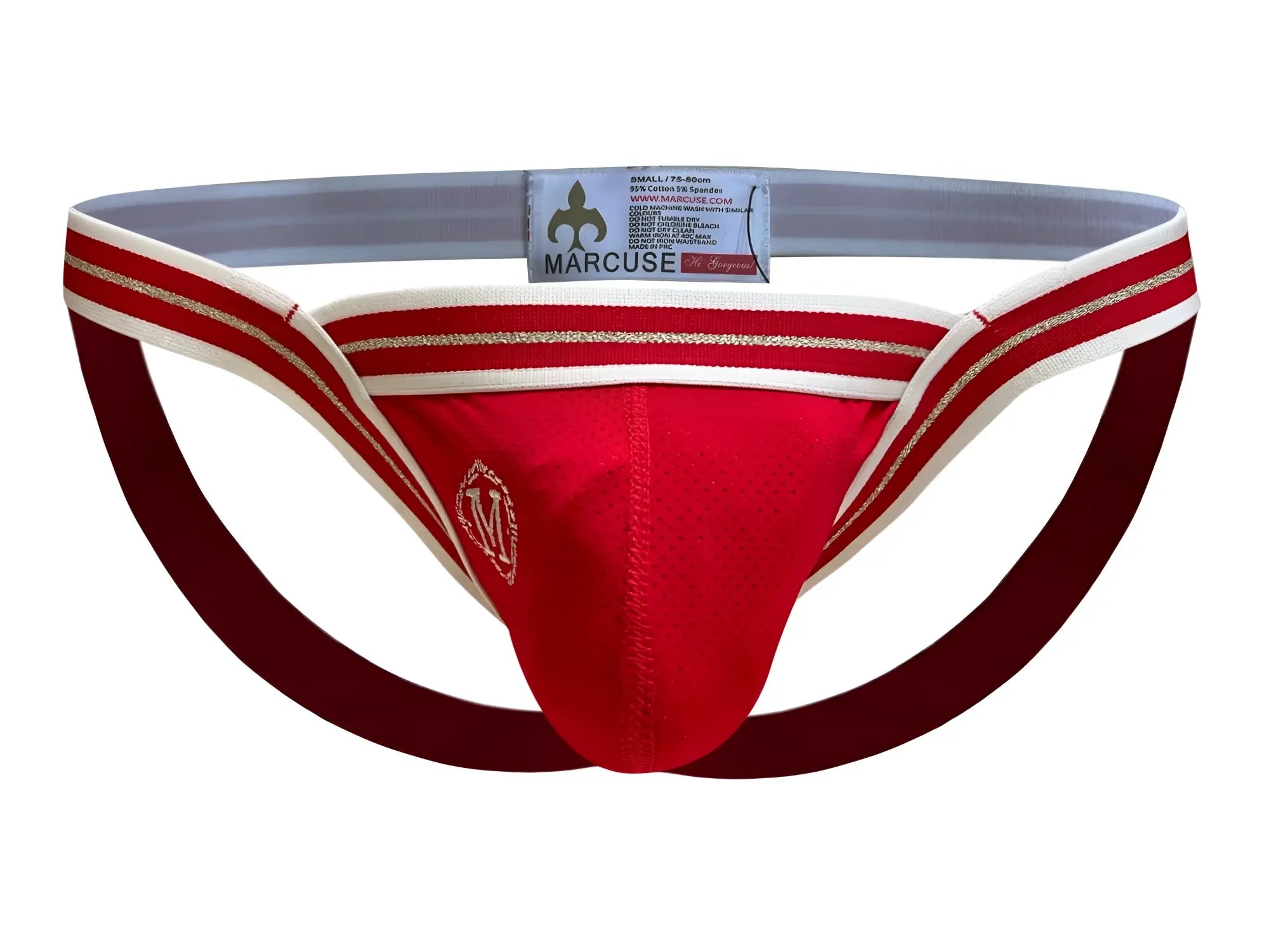 Red marcuse arrose jock underwear with white and gold striped trim designed for comfort and support