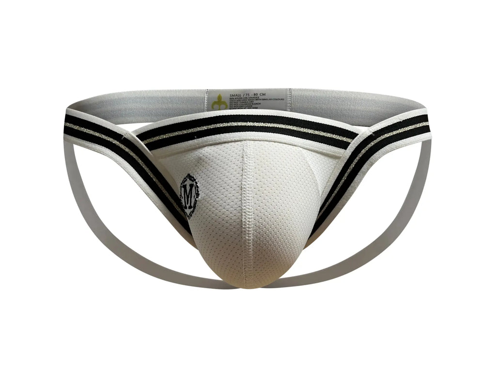 Marcuse arose jock underwear white mesh athletic brief with black striped trim and silver logo on front
