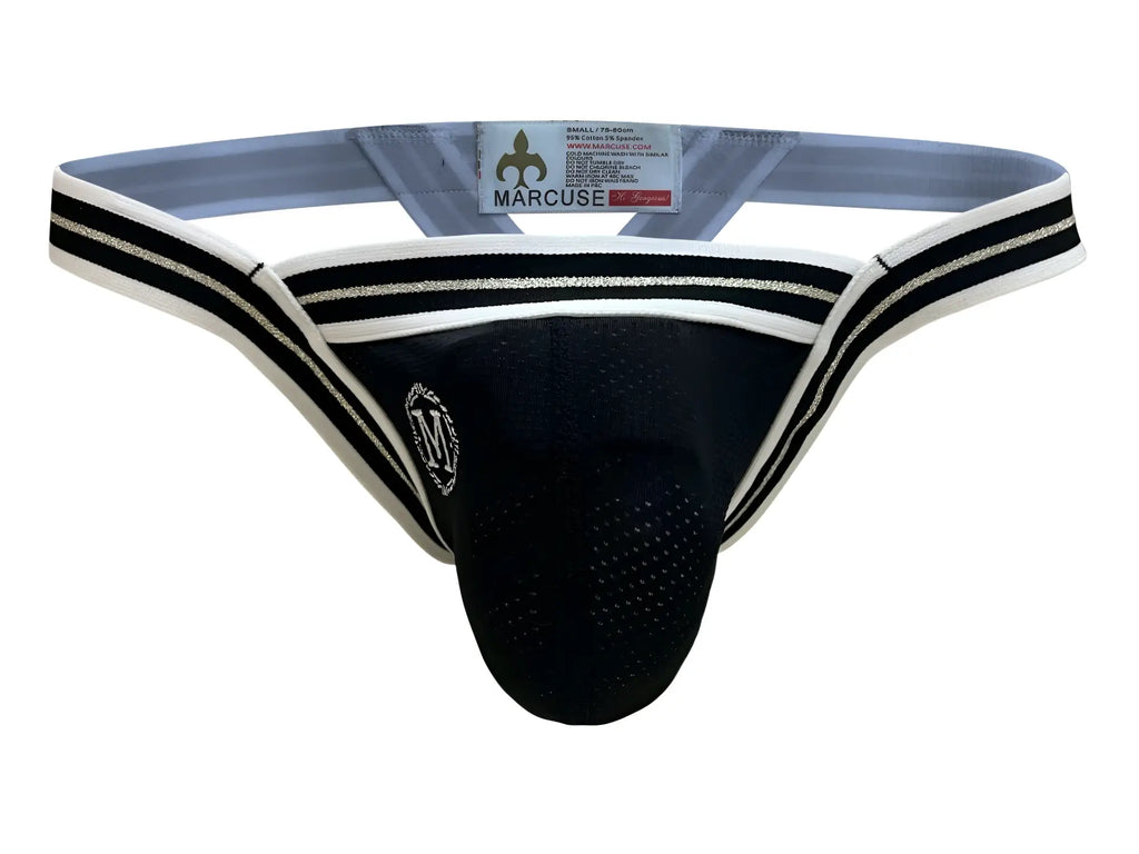 Marcuse arose thong underwear in black mesh with white and silver striped trim and branded logo on front