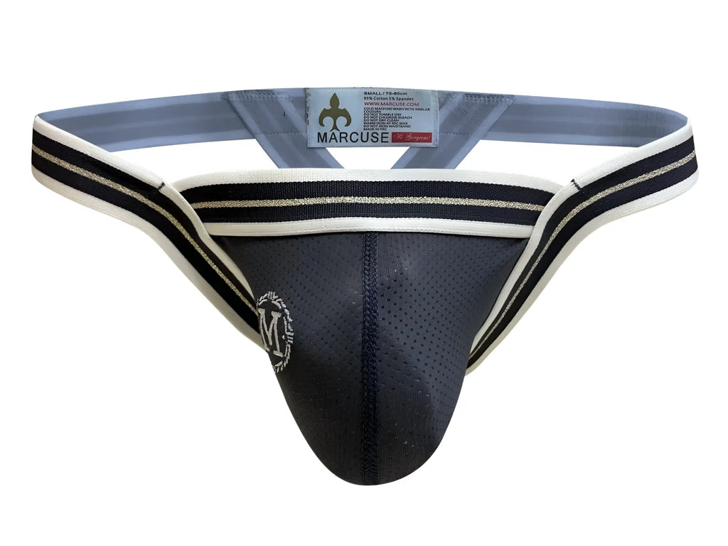 Marcuse Arose thong underwear black mesh athletic brief with white and black striped trim and embroidered logo front