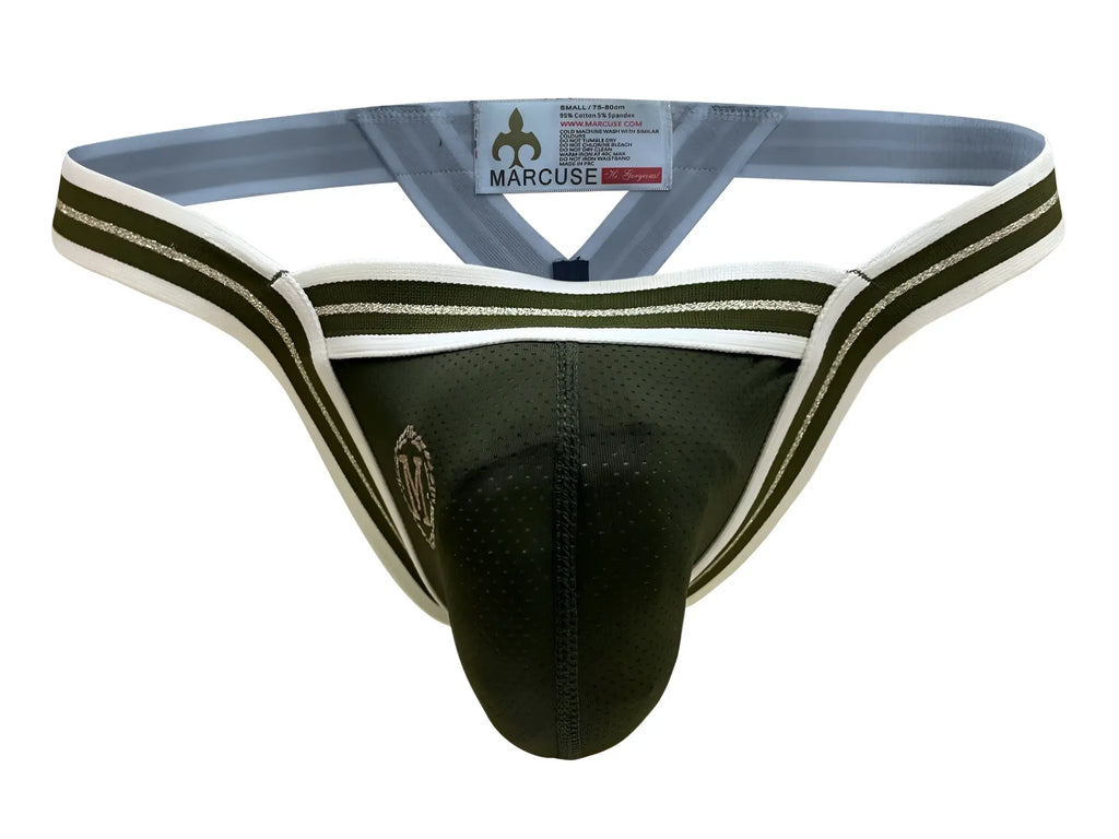 Marcuse arose thong underwear in olive green mesh fabric with white and silver striped trim for men