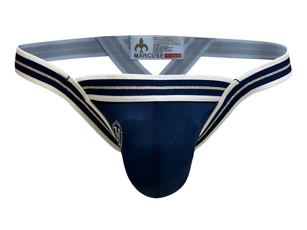 Navy blue marcuse arose thong underwear with white and silver striped trim showing the front side