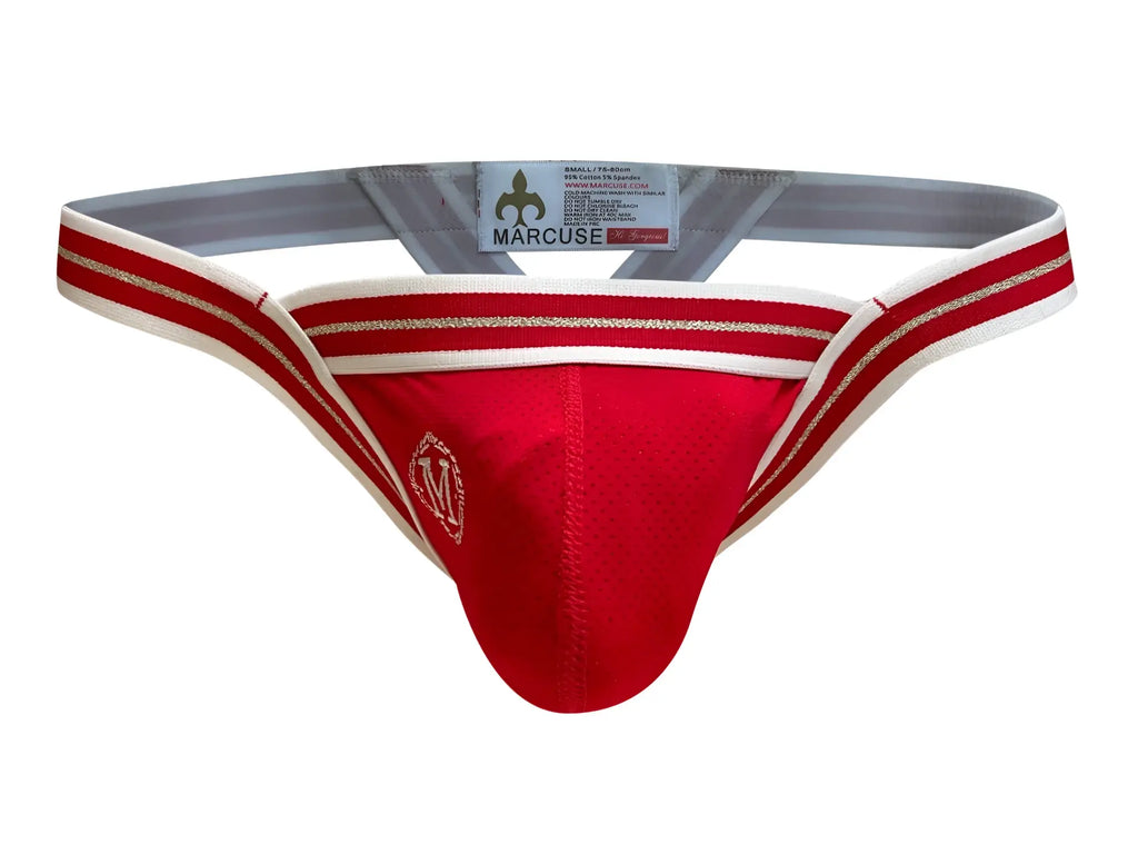 Red marcuse arose thong underwear with white and gold trim showing front side design and fabric details