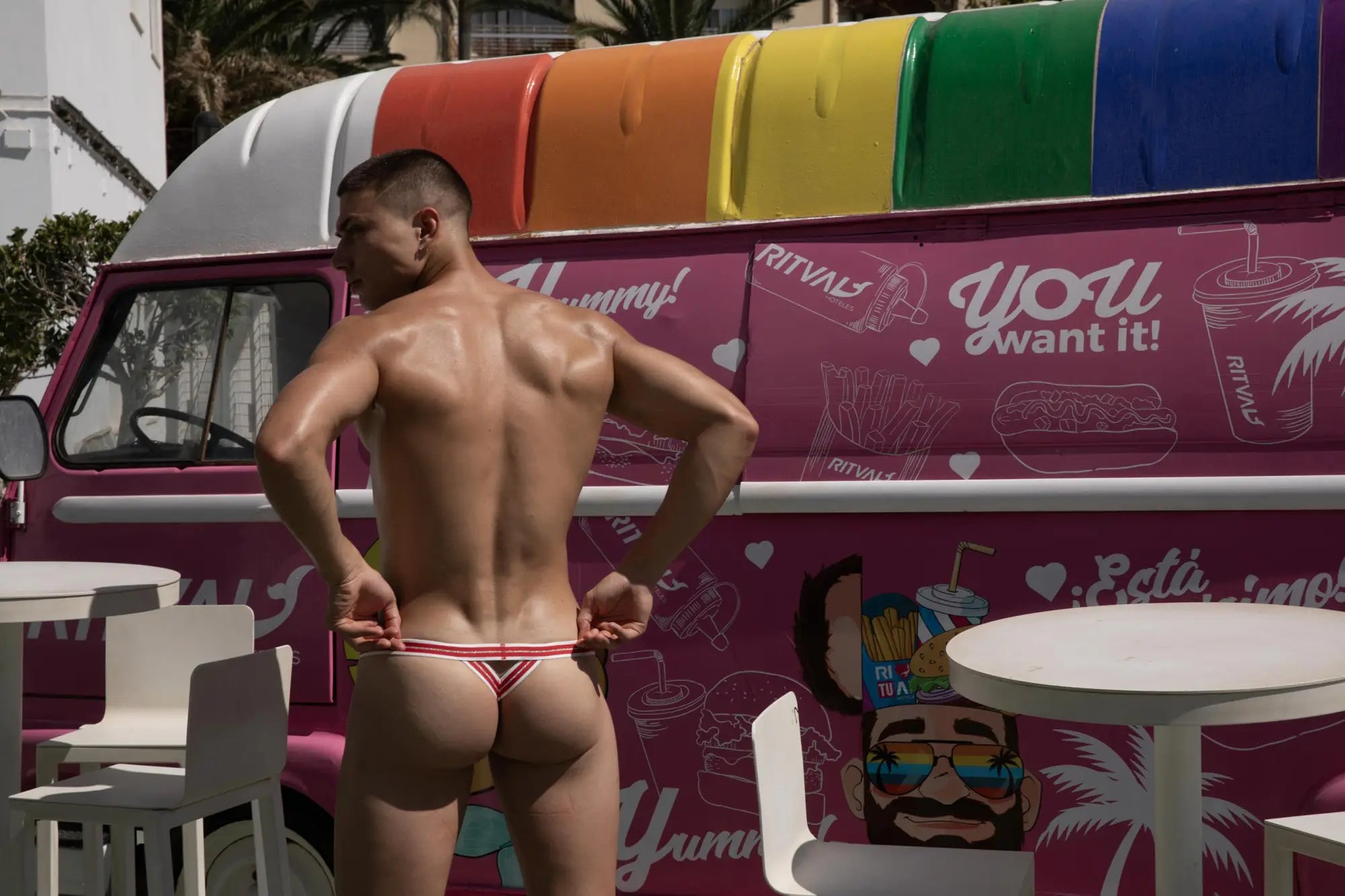 Marcuse Arose thong underwear in red and white striped triangular design featuring soft breathable fabric