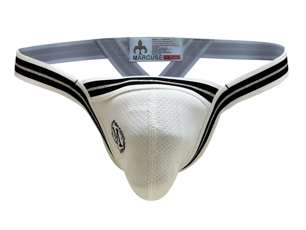 Marcuse Arose thong underwear white mesh athletic brief with black trim and small embroidered logo on front