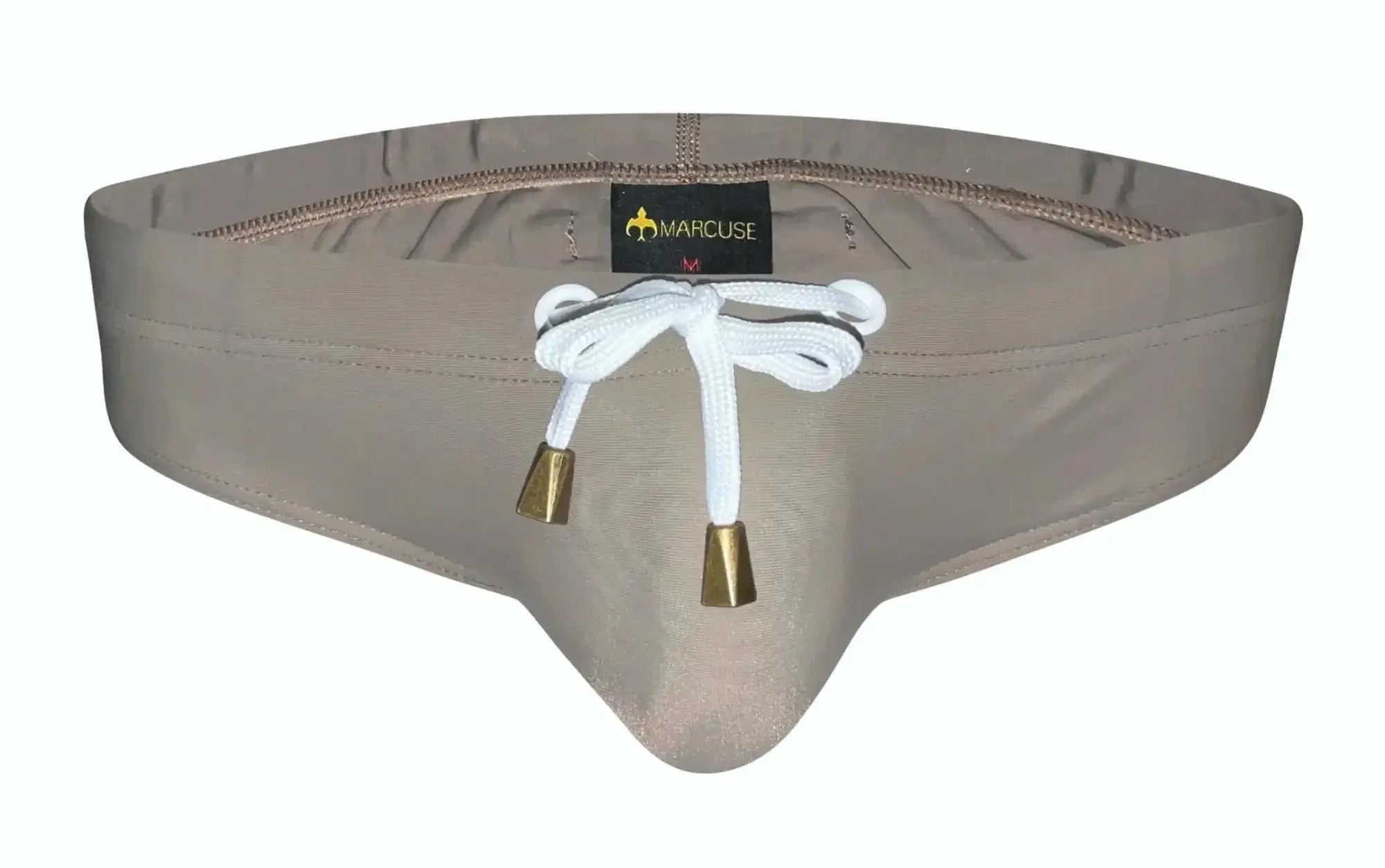 Beige marcuse arrest me bikini swimwear swim trunks with white drawstring and gold-tone aglets for beachwear