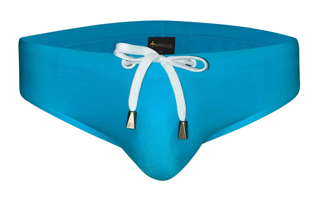 Bright turquoise marcuse arrest me bikini swimwear swim trunks with white drawstring and metallic tips in sleek design