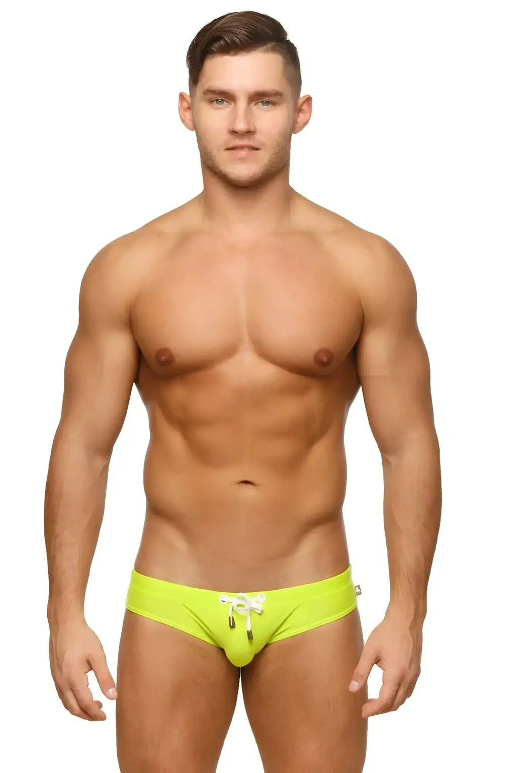 Marcuse Arrest Me bikini swimwear bright neon green swim trunks with white drawstring tie at the front