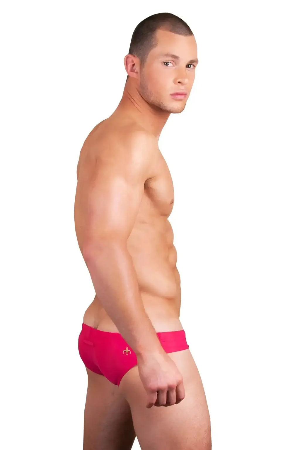 Bright pink marcuse arrest me bikini swimwear briefs with a small gold logo on the side for swim use