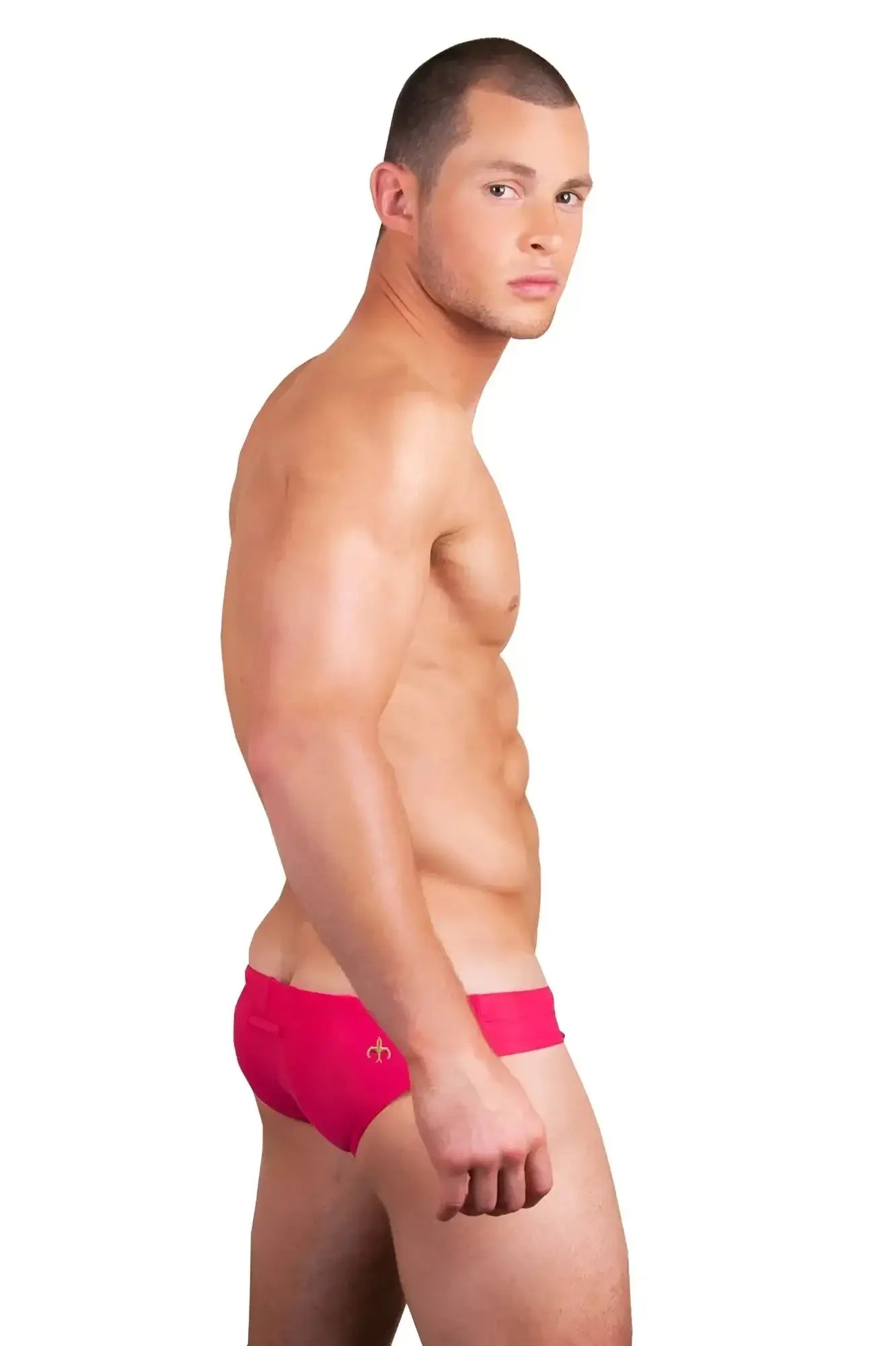 Bright pink marcuse arrest me bikini swimwear briefs with a small gold logo on the side for swim use