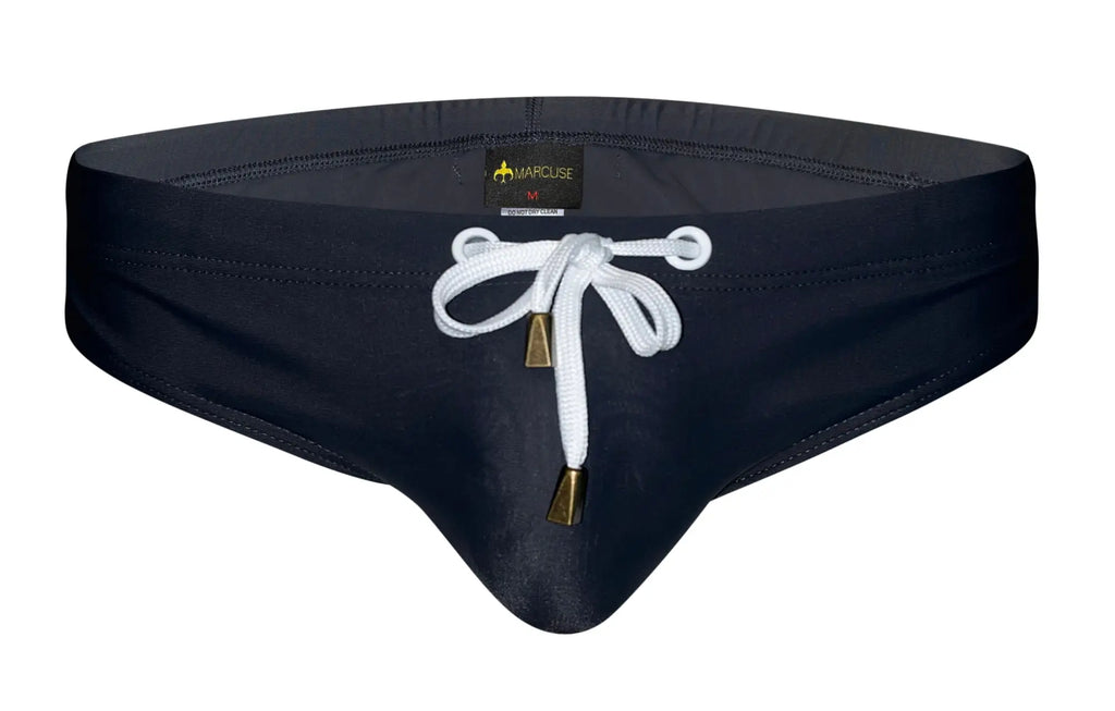 Black marcuse arrest me bikini swimwear swim trunks with white drawstring and gold tone aglets for swimming