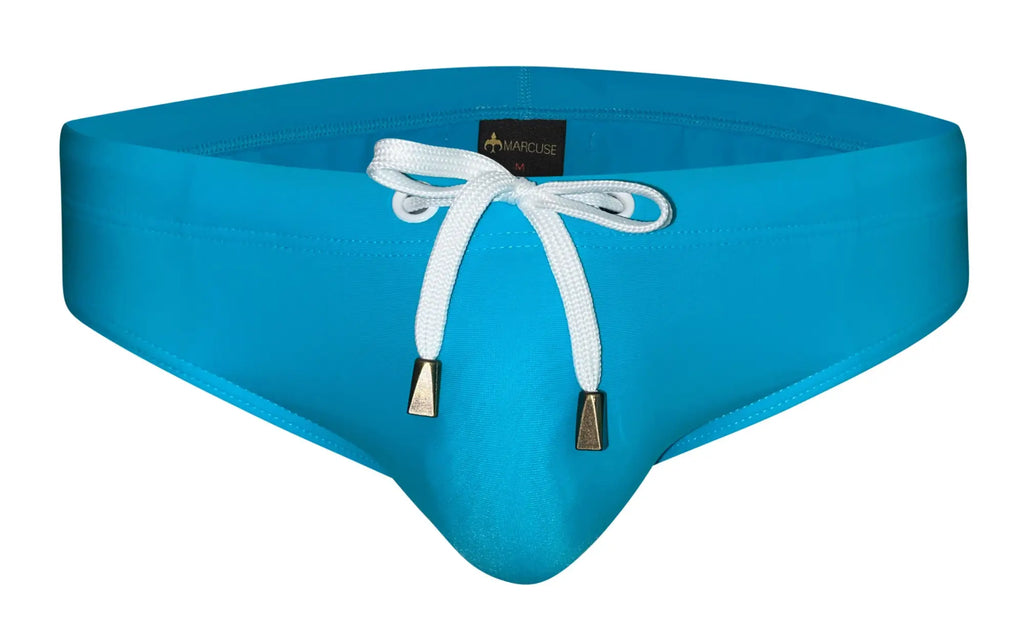 Bright turquoise marcuse arrest me bikini swimwear swim trunks with white drawstring and metallic tips in sleek design