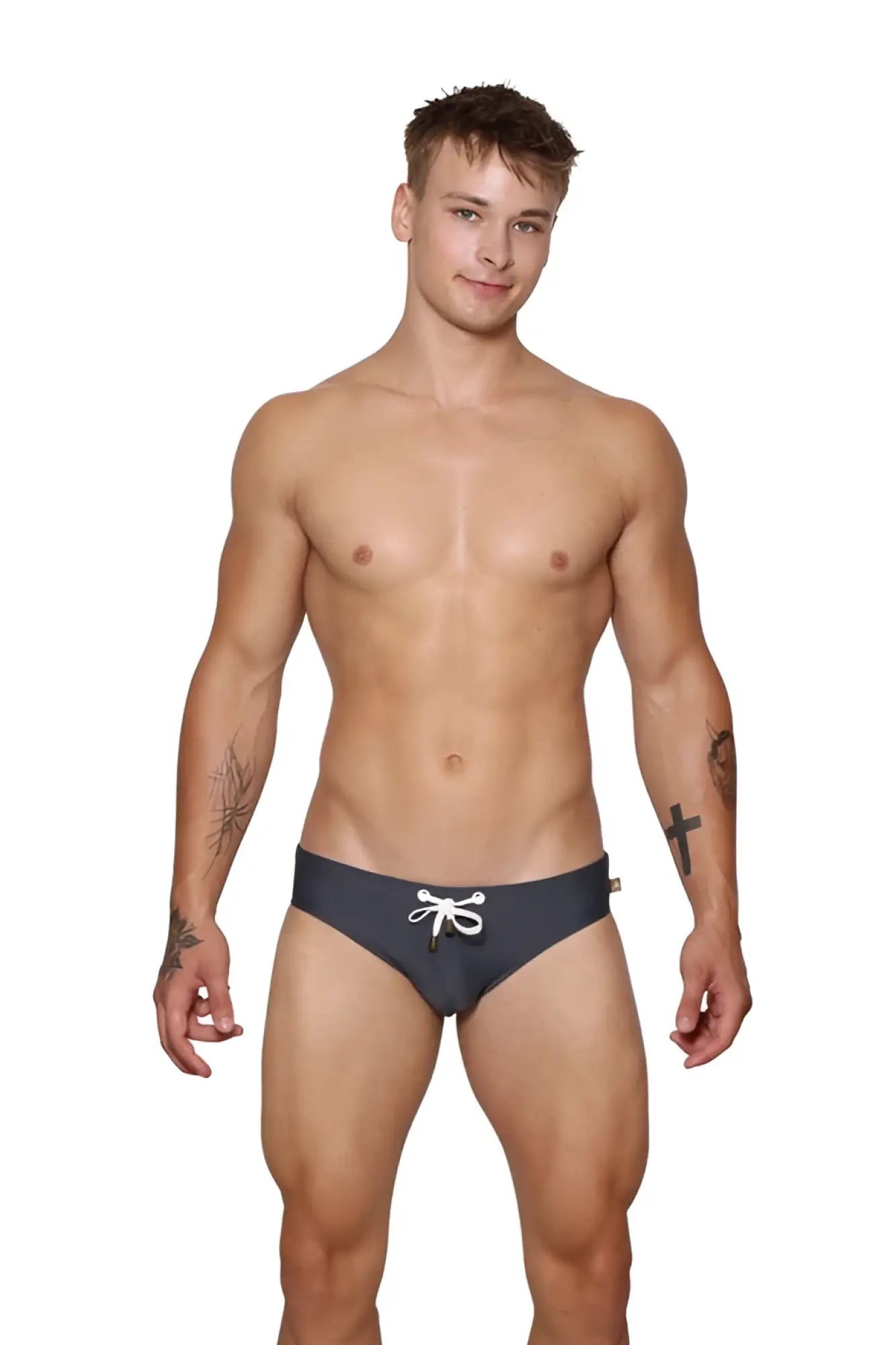 Dark gray marcuse arrest me bikini swimwear trunks with white drawstring ties for swimming and beachwear