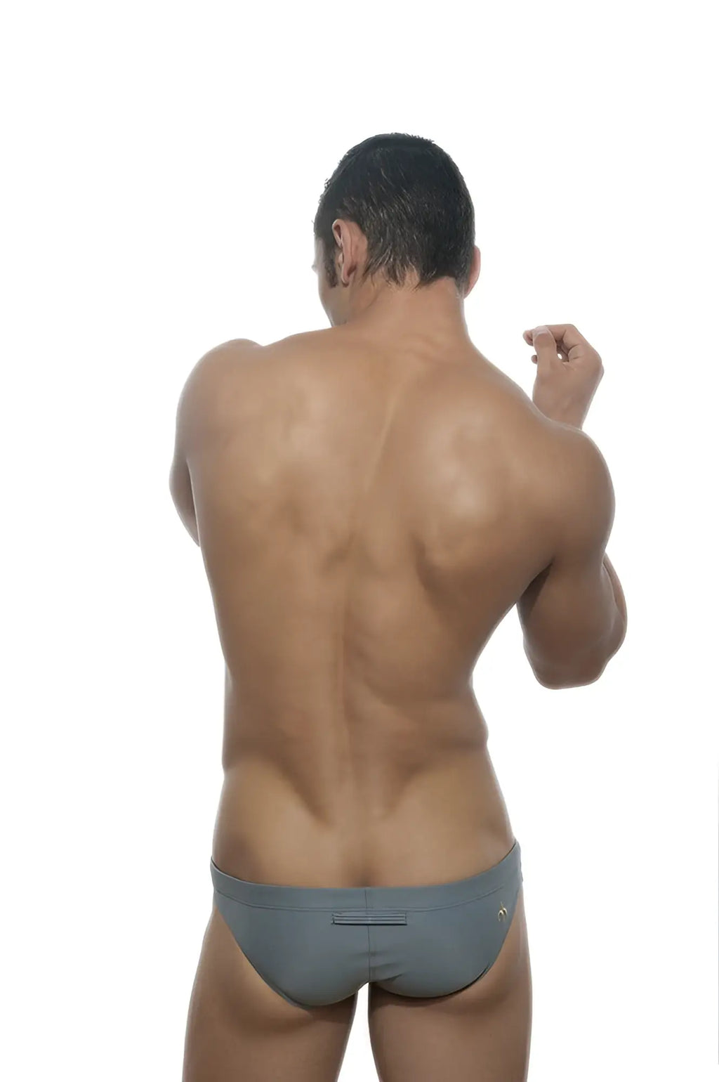 Back view of gray marcuse arrest me bikini swimwear briefs with a small logo on the waistband