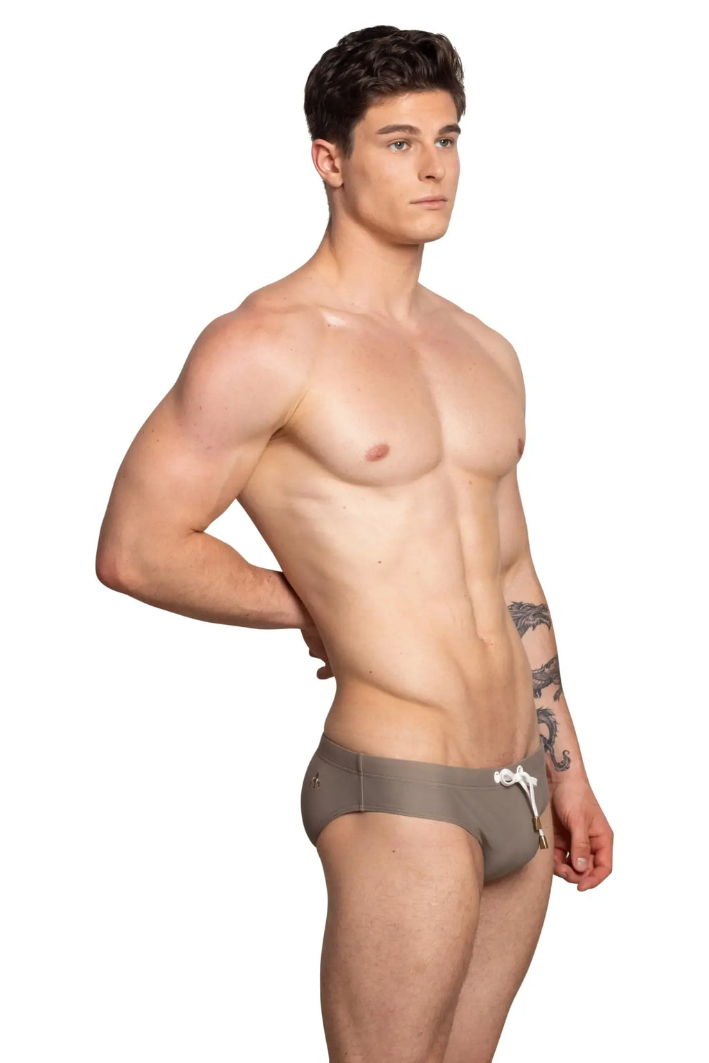 Gray marcuse arrest me bikini swimwear swim trunks with white drawstring and metallic zipper detail