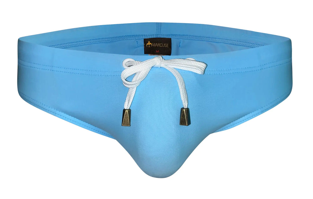 Light blue marcuse arrest me bikini swimwear swim trunks with white drawstring and gold-tone aglets in sleek fit