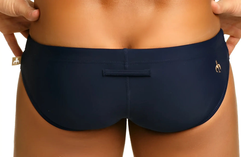 Navy blue marcuse arrest me bikini swimwear with gold-tone brand logos on the back side of swim trunks