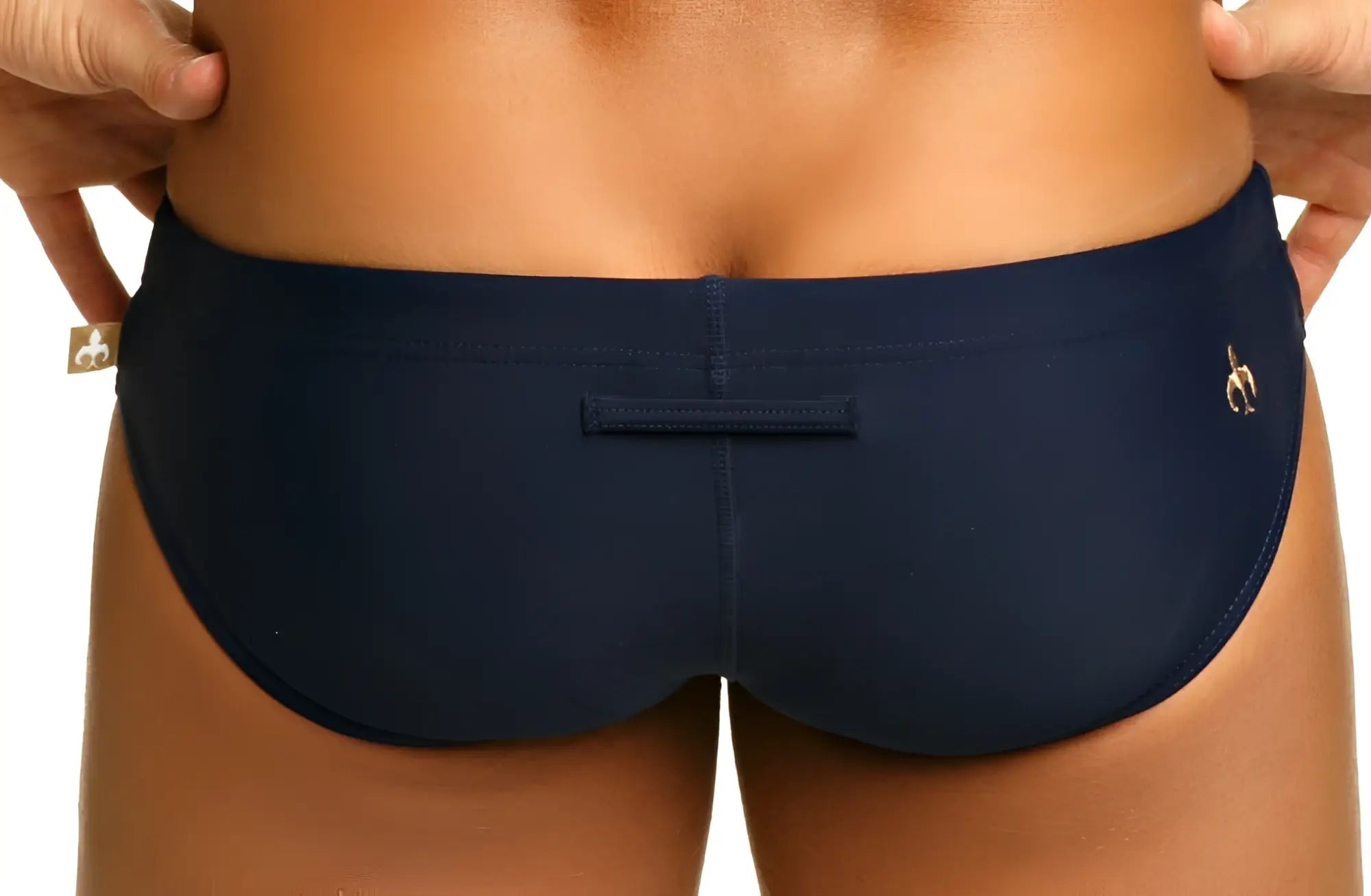 Navy blue marcuse arrest me bikini swimwear with gold-tone brand logos on the back side of swim trunks