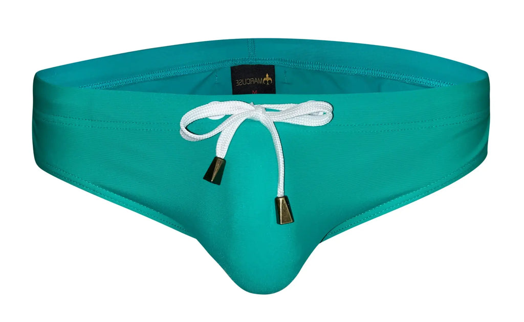 Teal marcuse arrest me bikini swimwear swim trunks with white drawstring gold-tone aglets and branded waistband label