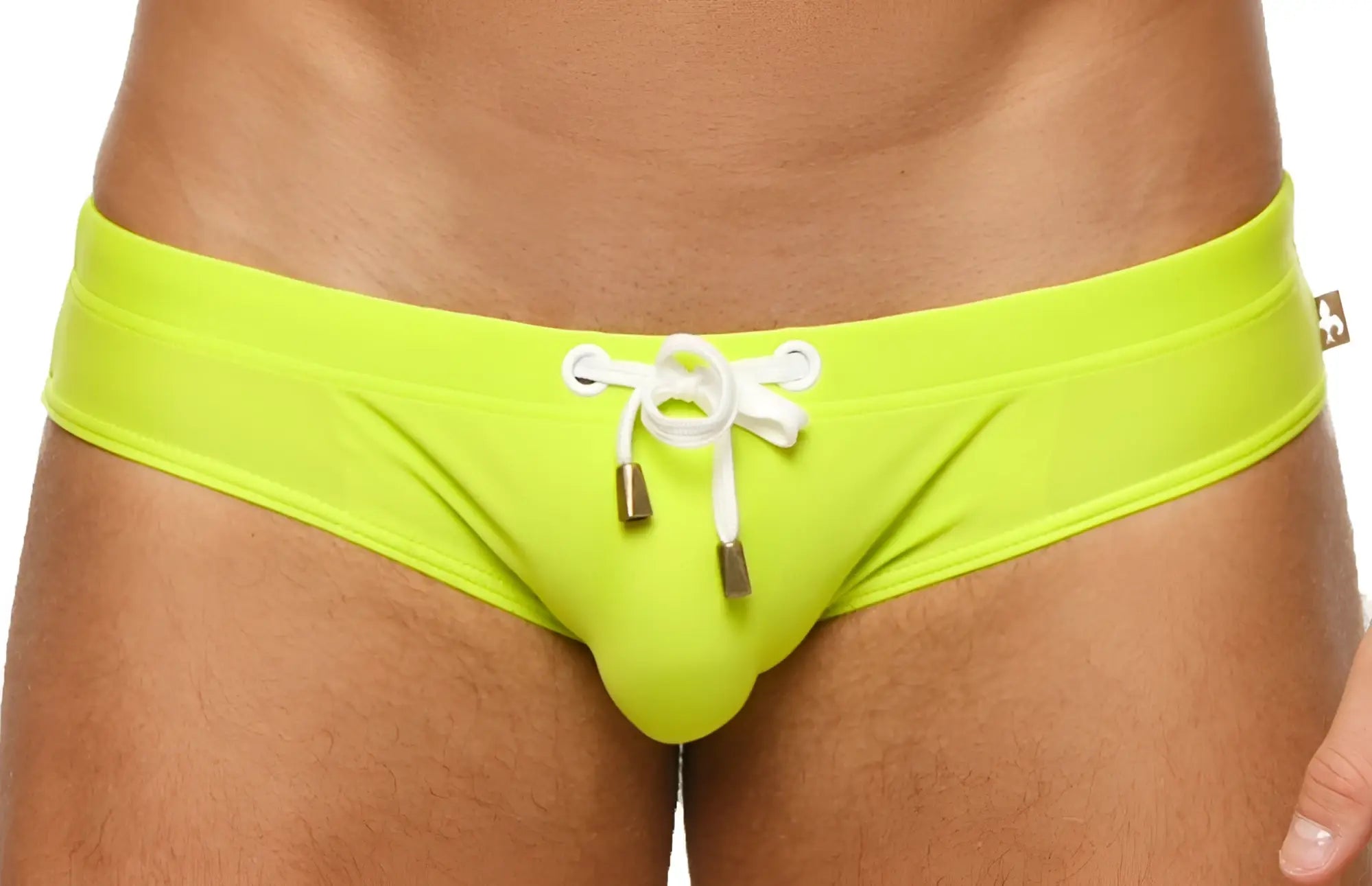 Marcuse Arrest Me bikini swimwear vibrant lime green swim trunks with white drawstring and metallic aglets
