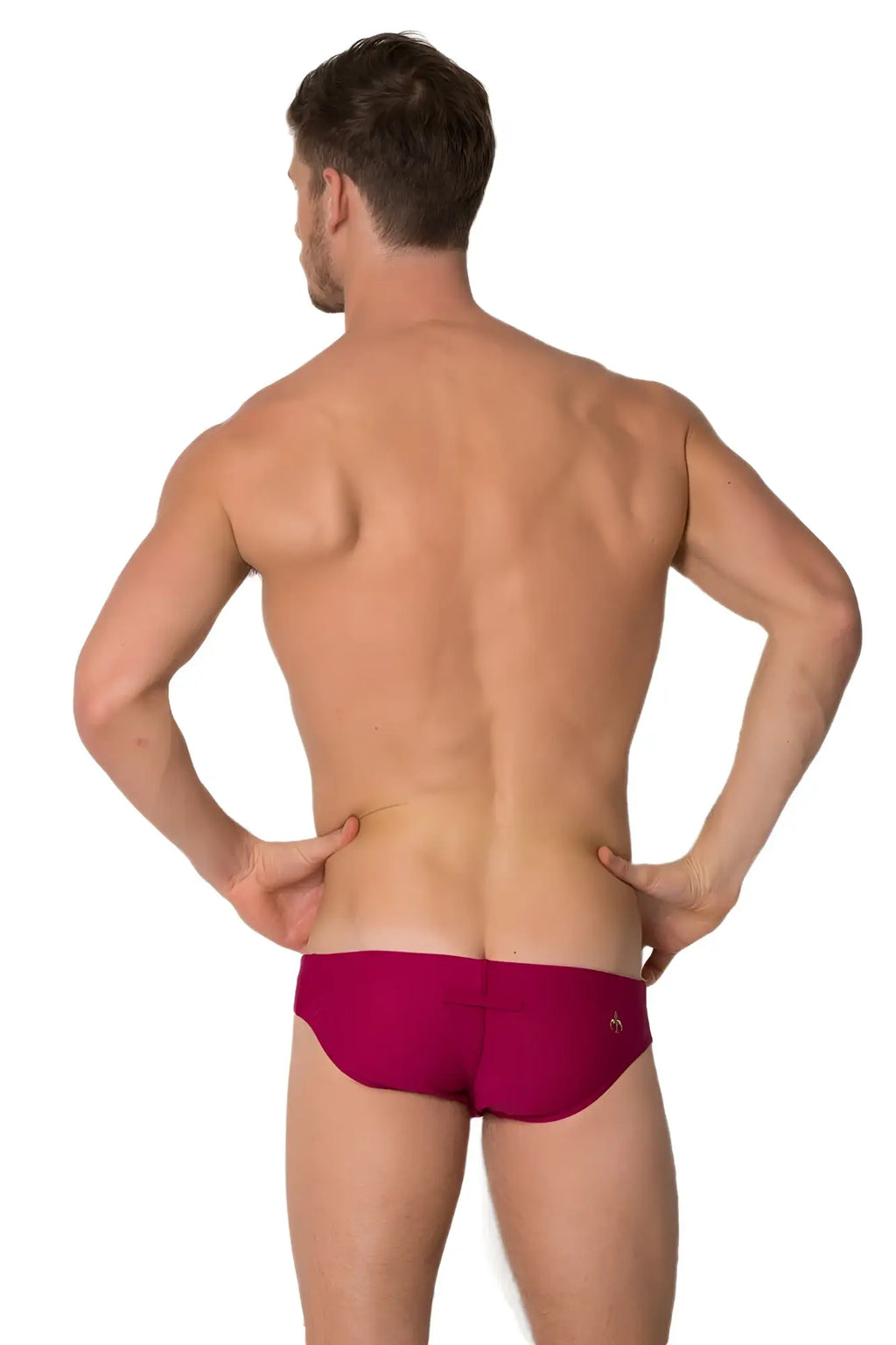 Back view of vibrant magenta marcuse arrest me bikini swimwear with sleek form-fitting design and small lower back logo