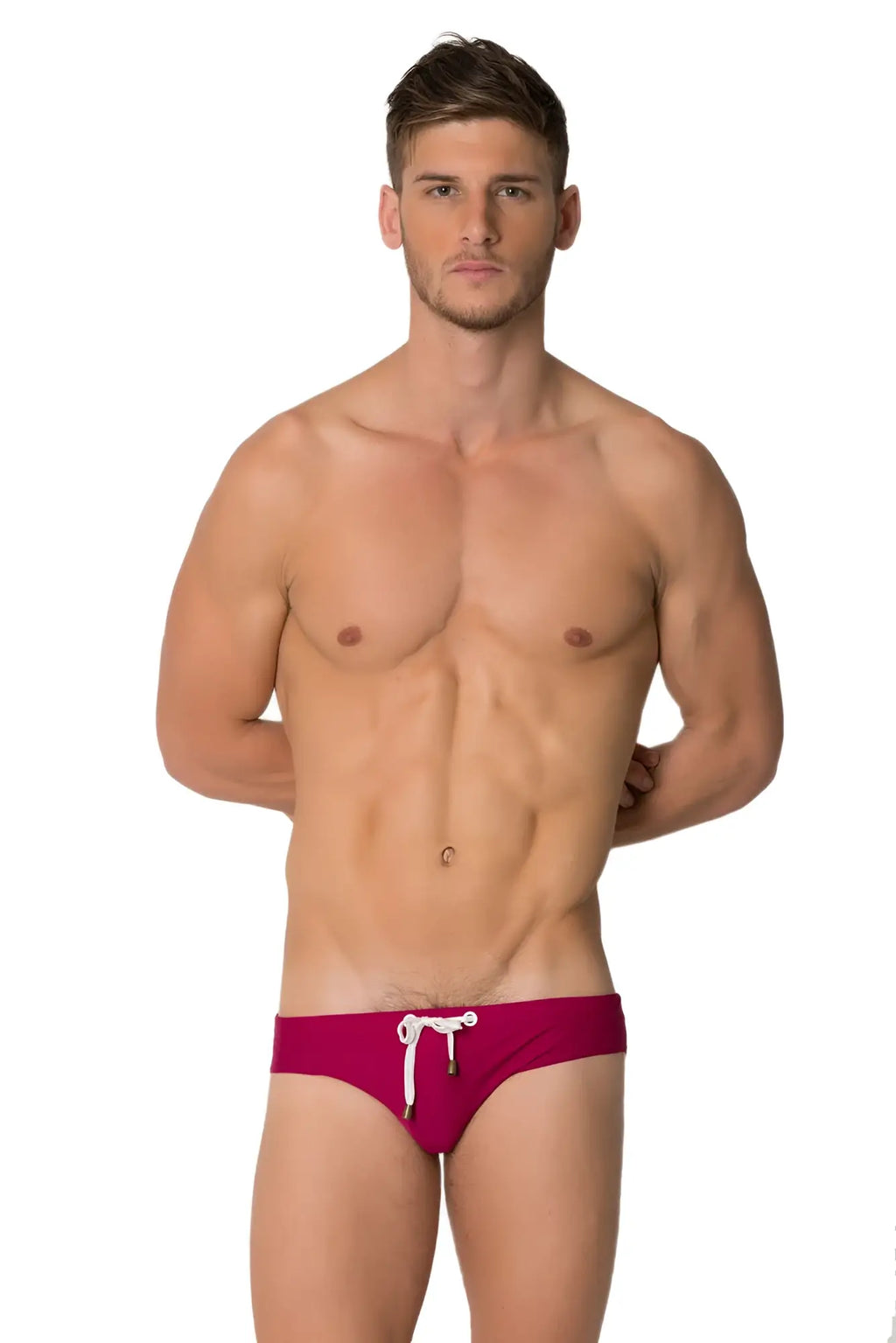 Marcuse Arrest Me bikini swimwear vibrant magenta swim trunks with white drawstring and subtle side stripes