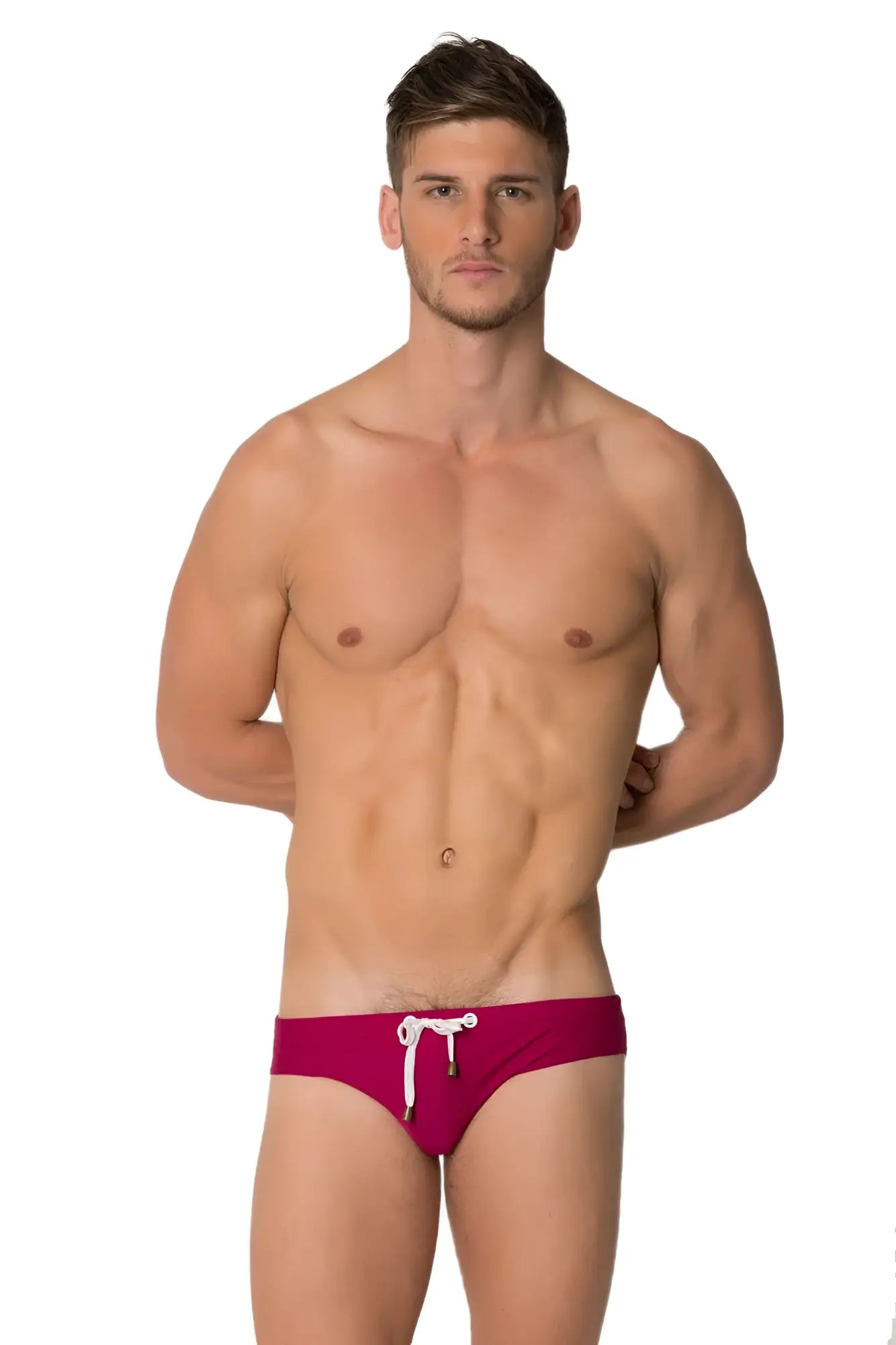 Marcuse Arrest Me bikini swimwear vibrant magenta swim trunks with white drawstring and subtle side stripes