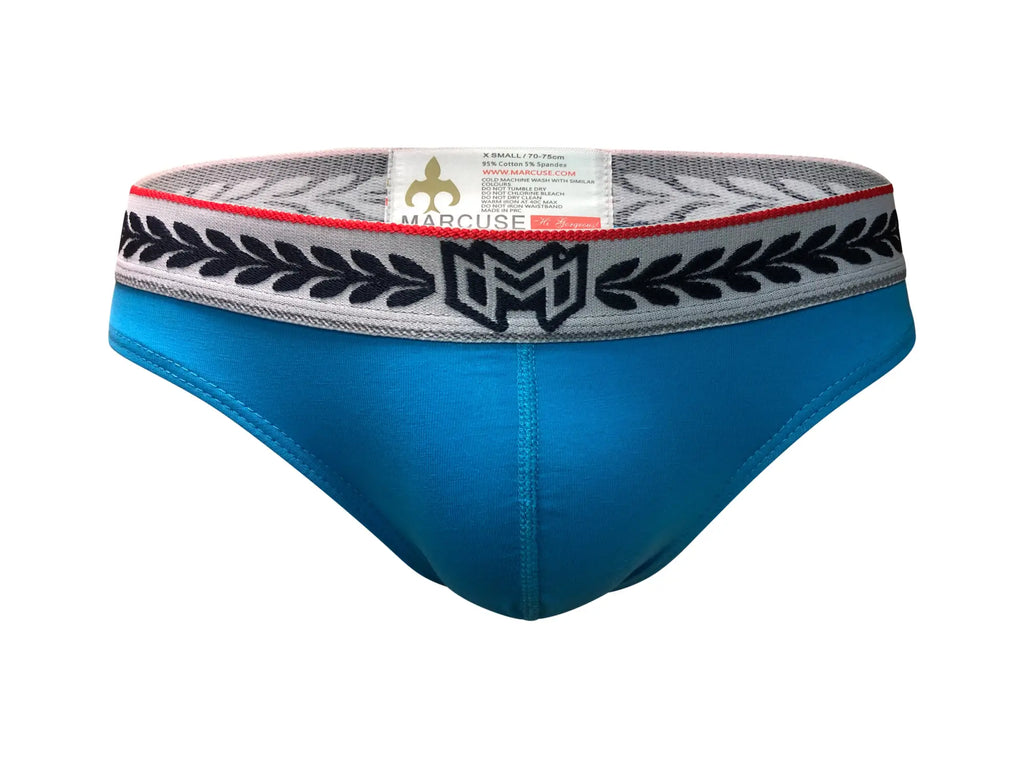 Blue marcuse men’s briefs with gray waistband black laurel leaf embroidery and marcuse logo in front