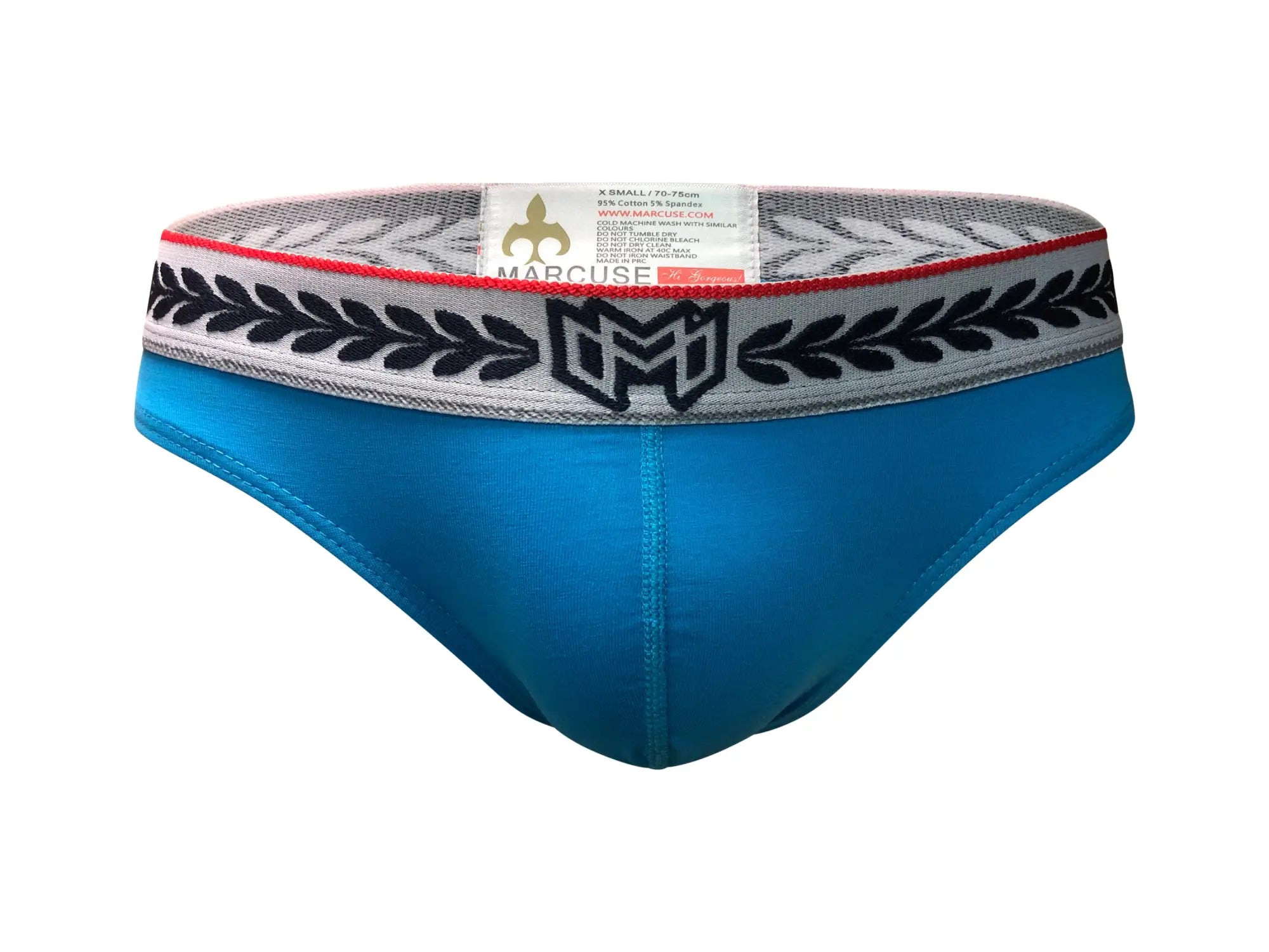 Blue marcuse men’s briefs with gray waistband black laurel leaf embroidery and marcuse logo in front