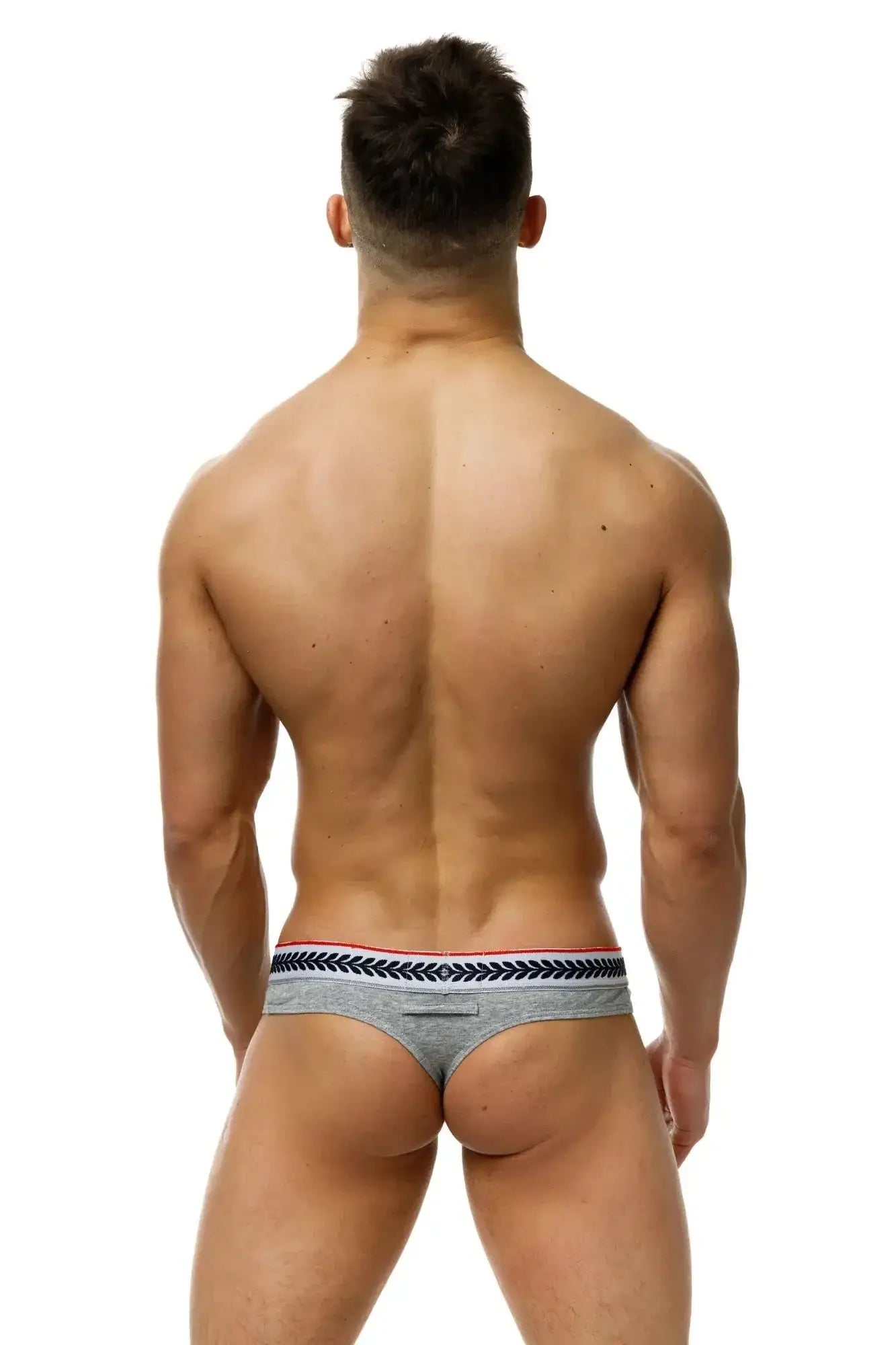 Marcuse Astra thong underwear in gray with a black and white patterned waistband and red trim for athletic wear