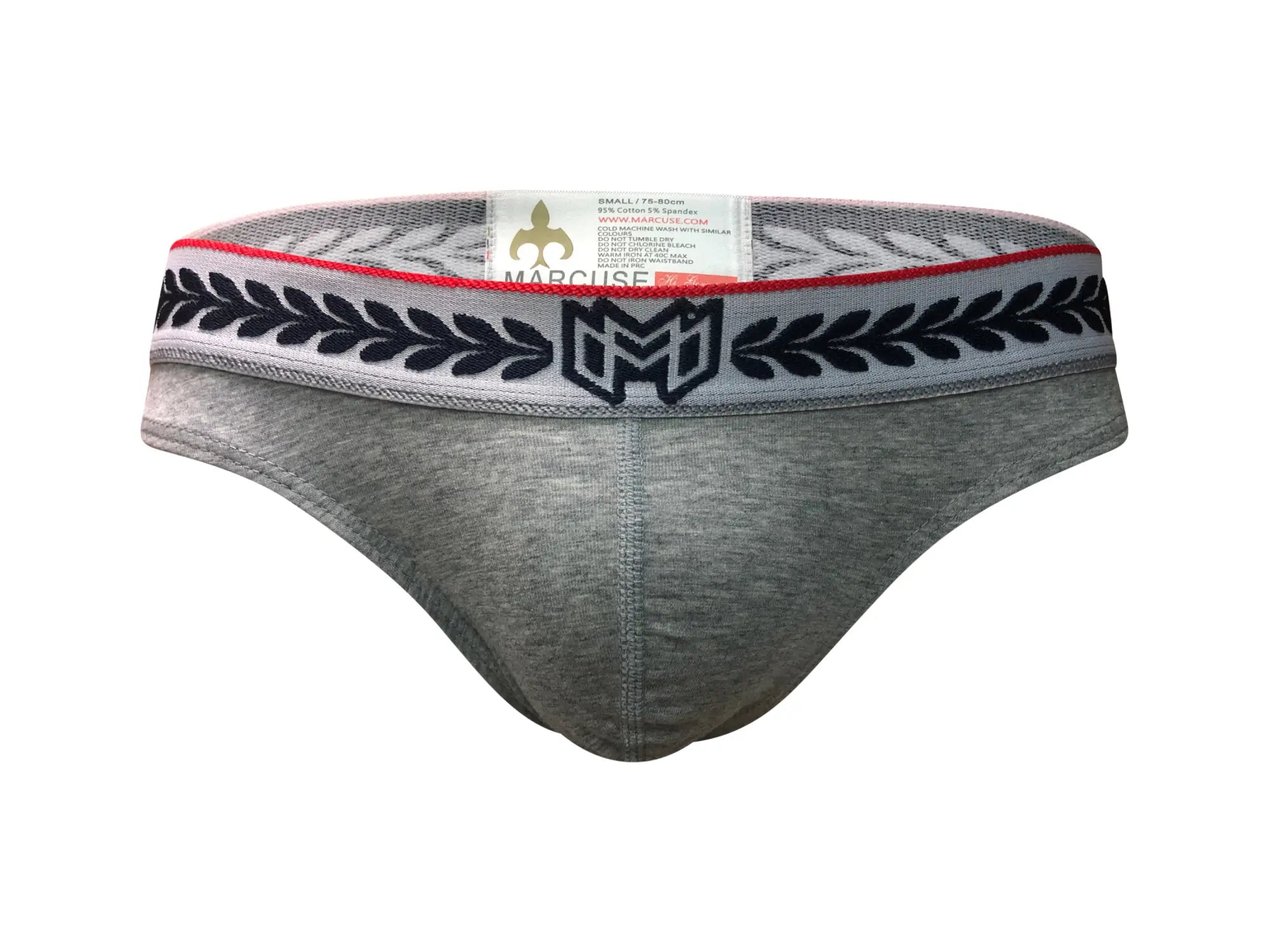 Gray marcuse men’s briefs with black laurel leaf trim and red accent stripe from marcuse astra thong underwear