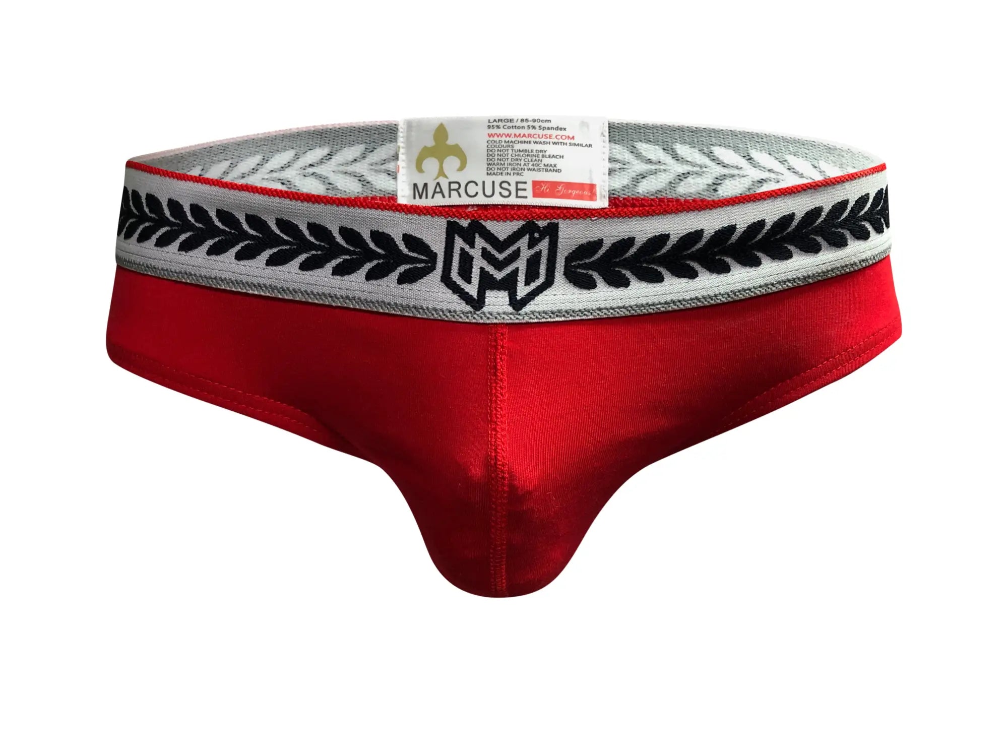 Red marcuse astra thong underwear briefs with silver and black laurel leaf embroidered waistband visible from the front