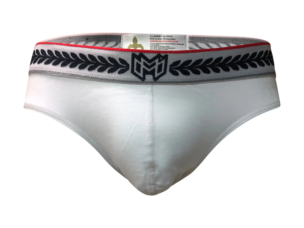 White marcuse astra thong underwear with gray waistband black laurel embroidery cm logo and red trim accents