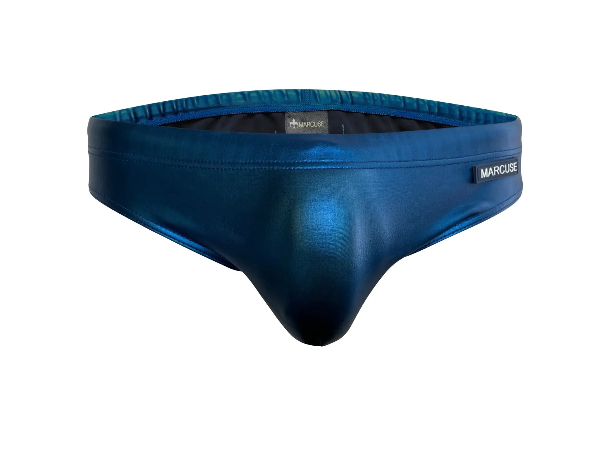 Blue metallic marcuse swim trunks showcasing a sleek design from marcuse aurora bikini swimwear collection