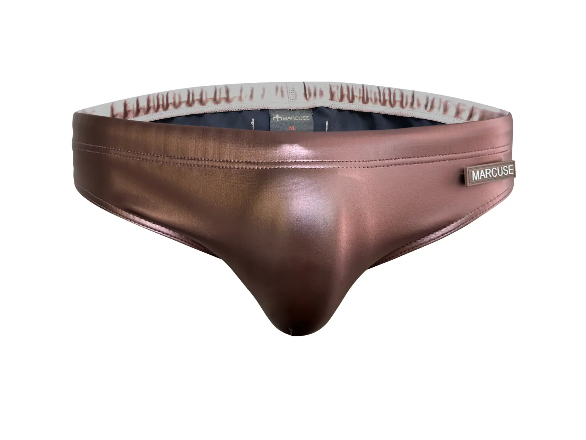 Marcuse Aurora bikini swimwear bronze metallic briefs with sleek glossy finish and subtle patterned inner lining
