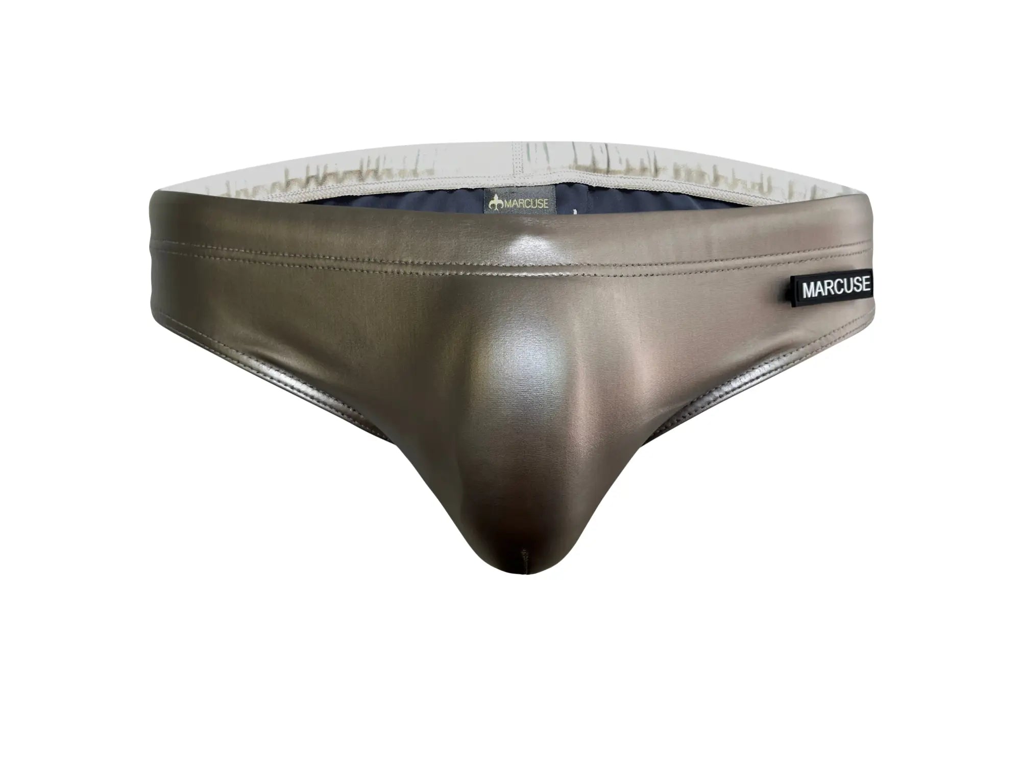 Metallic taupe leather briefs with sleek minimalist design and marcuse brand label on waistband for swimwear