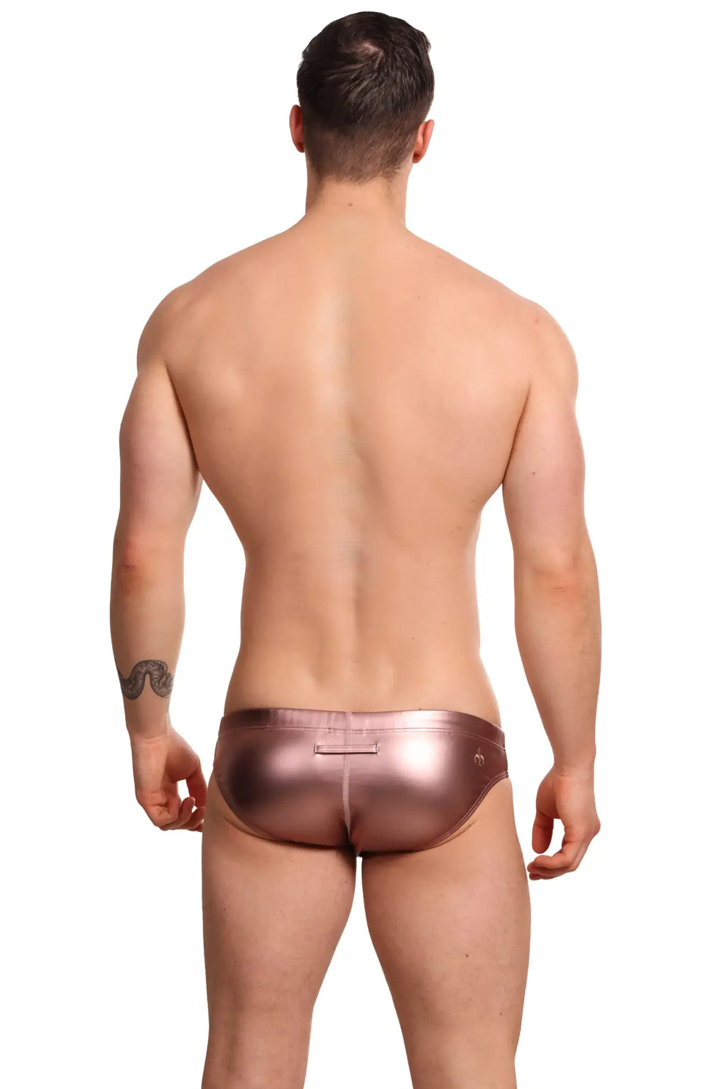 Rose gold metallic swim trunks from marcuse aurora bikini swimwear designed for stylish beachwear use
