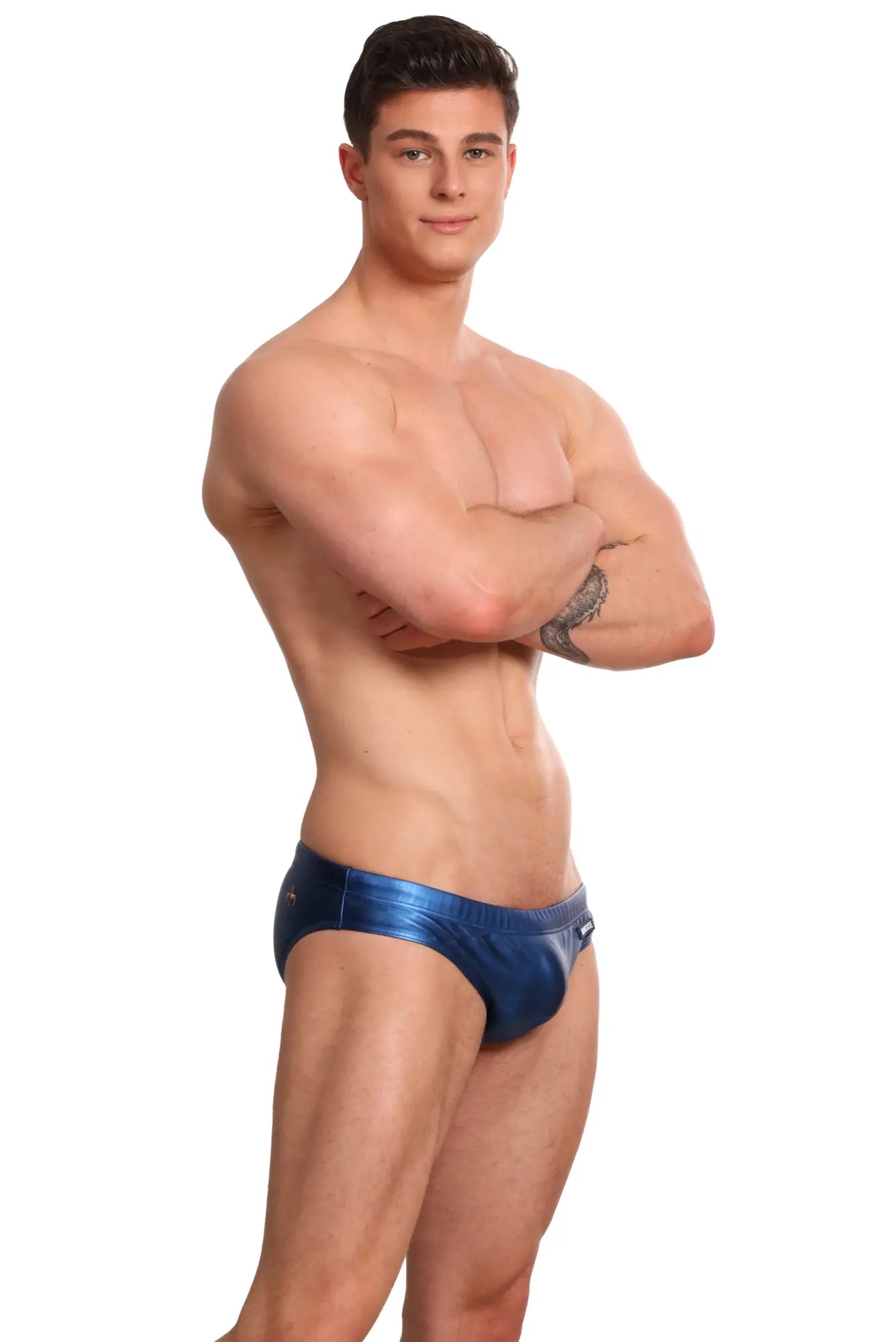 Shiny blue metallic swim trunks from Marcuse Aurora bikini swimwear perfect for stylish beachwear
