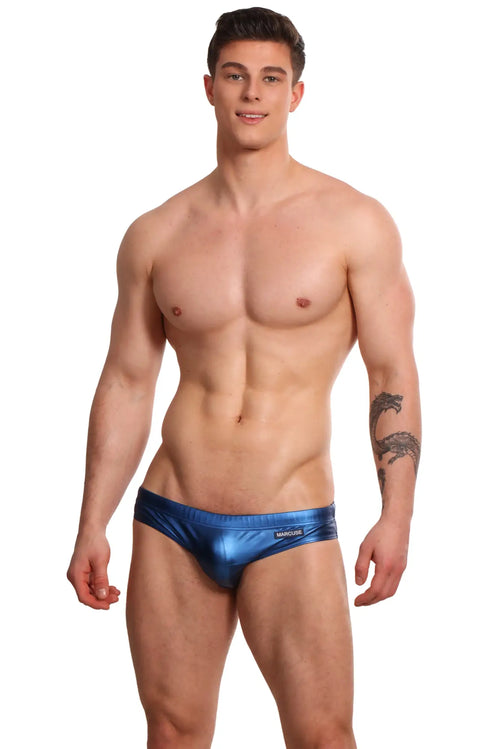 Shiny metallic blue marcuse aurora bikini swimwear briefs with sleek form-fitting design and manicure waistband embroidery