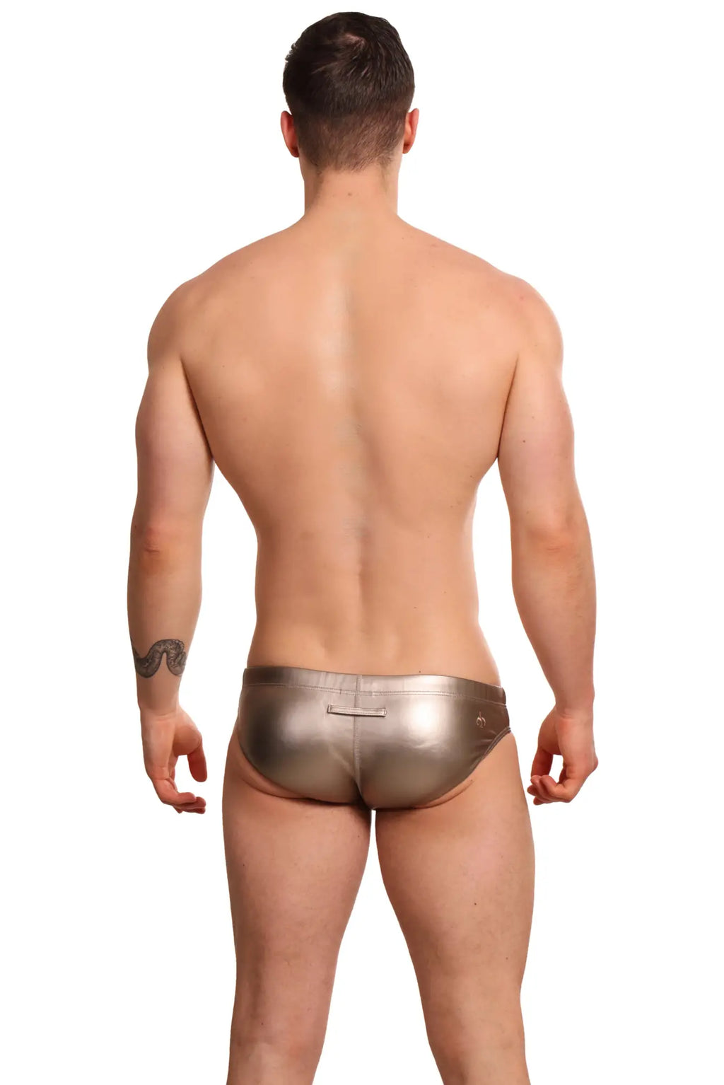 Shiny metallic gold marcuse aurora bikini swimwear trunks with sleek form fitting design for swim use