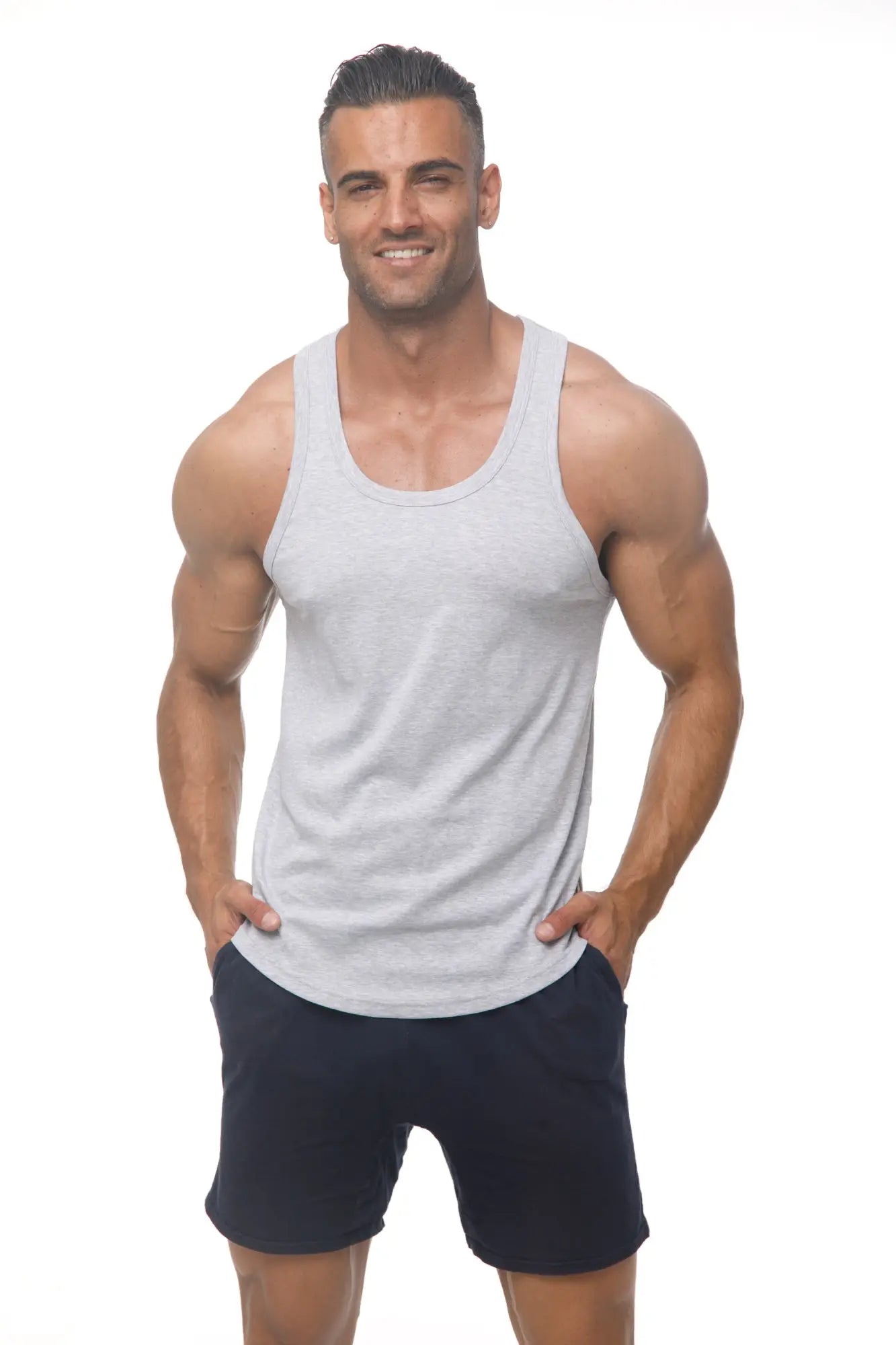 Marcuse Avalon tank top in heather gray fitted fabric with rounded neckline and straight hem for casual wear