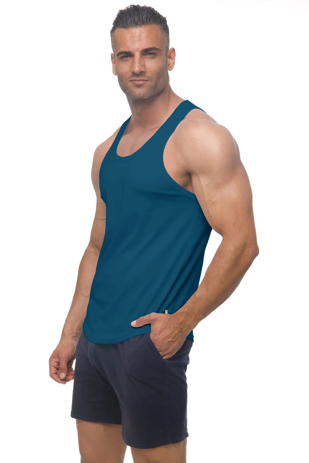 Teal marcuse avalon sleeveless athletic tank top with rounded neckline and subtle side seam detailing