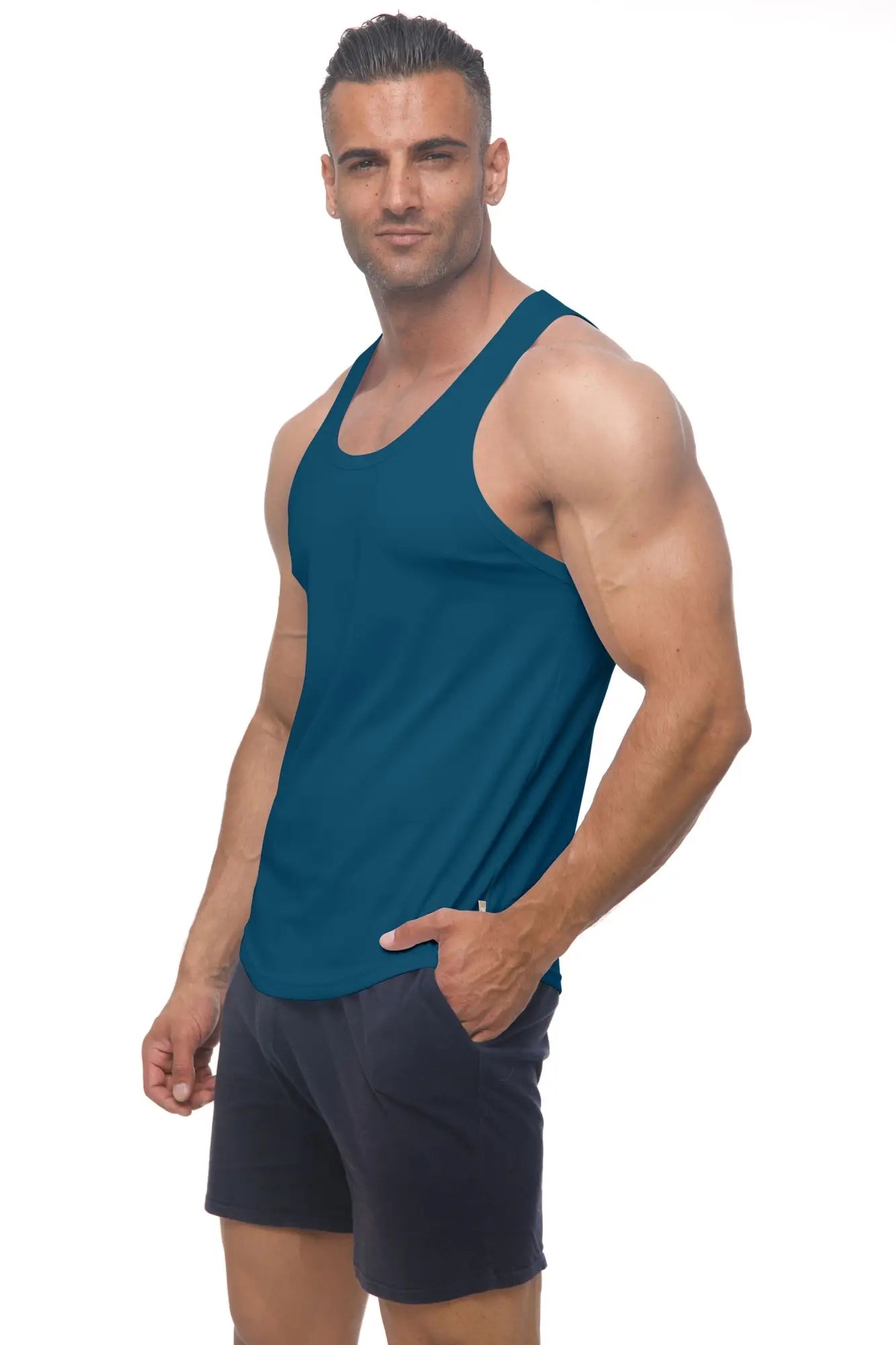 Teal marcuse avalon sleeveless athletic tank top with rounded neckline and subtle side seam detailing