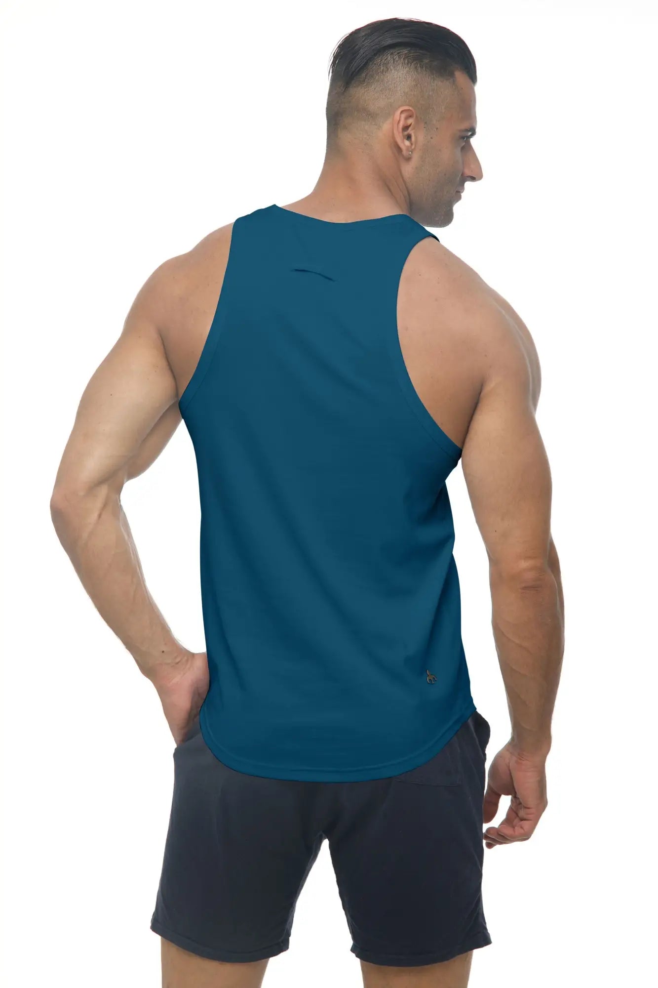 Teal sleeveless athletic tank top marcuse avalon tank top showing back with subtle logo designed for activewear