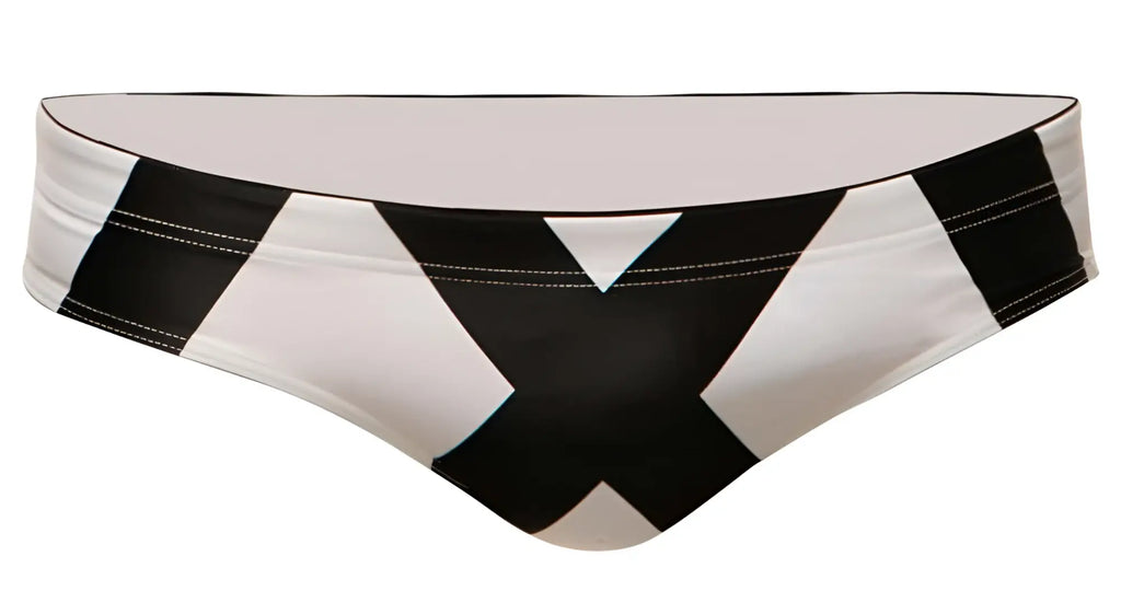 Black and white geometric-patterned bikini bottom with bold x design from Marcuse Axis bikini swimwear shown from the back