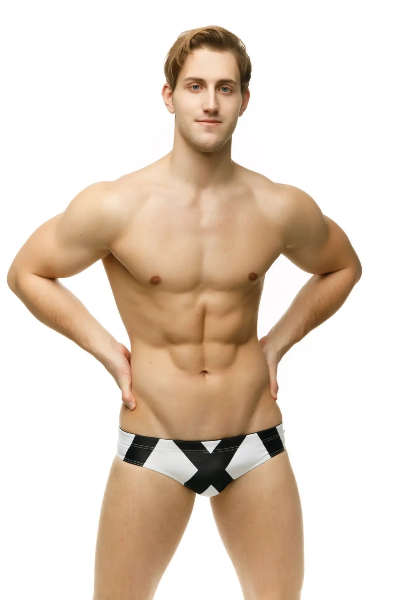 Marcuse Axis bikini swimwear black and white geometric patterned swim trunks with bold modern design