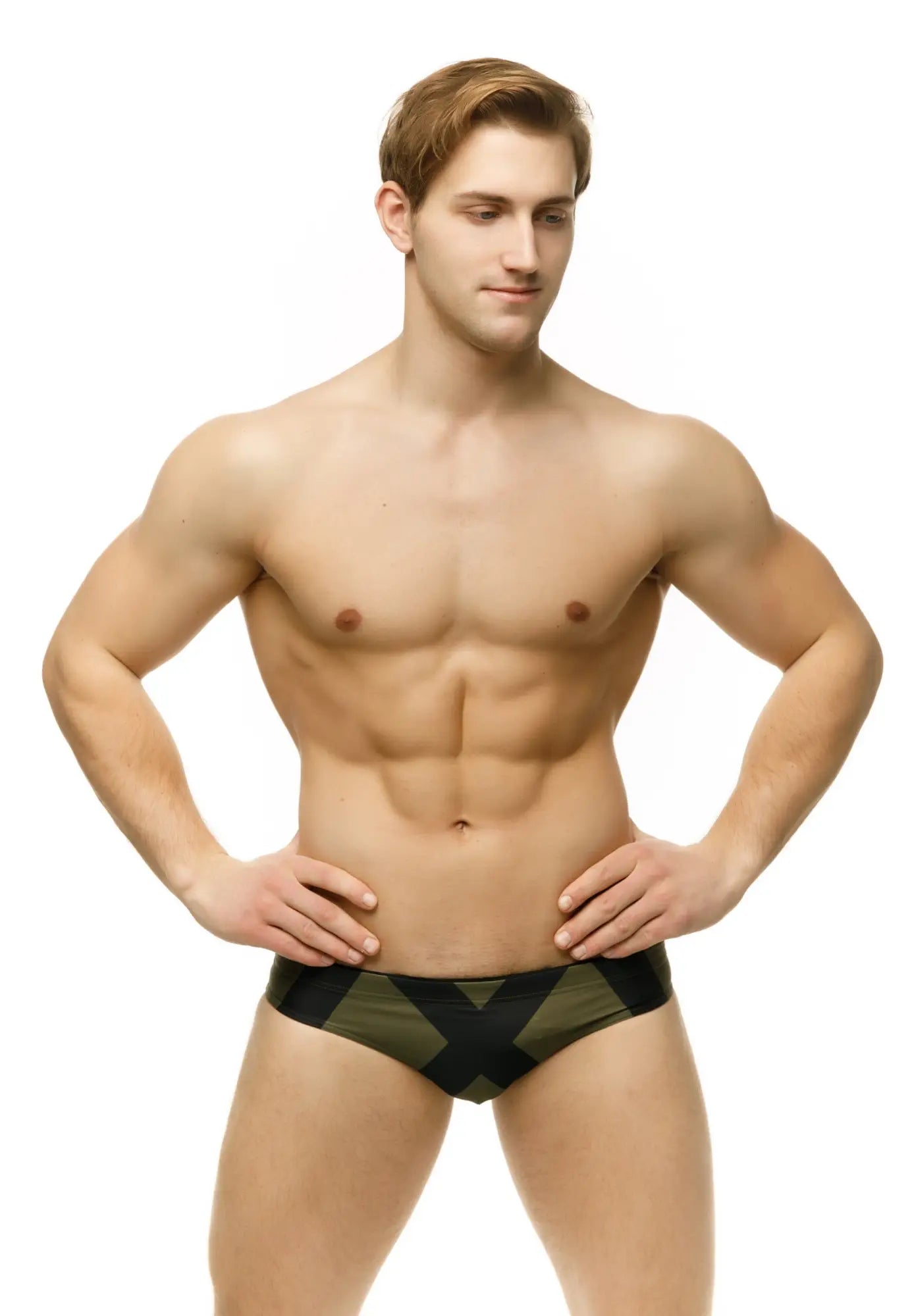 Marcuse Axis bikini swimwear men’s swim trunks with black and olive green camouflage geometric pattern
