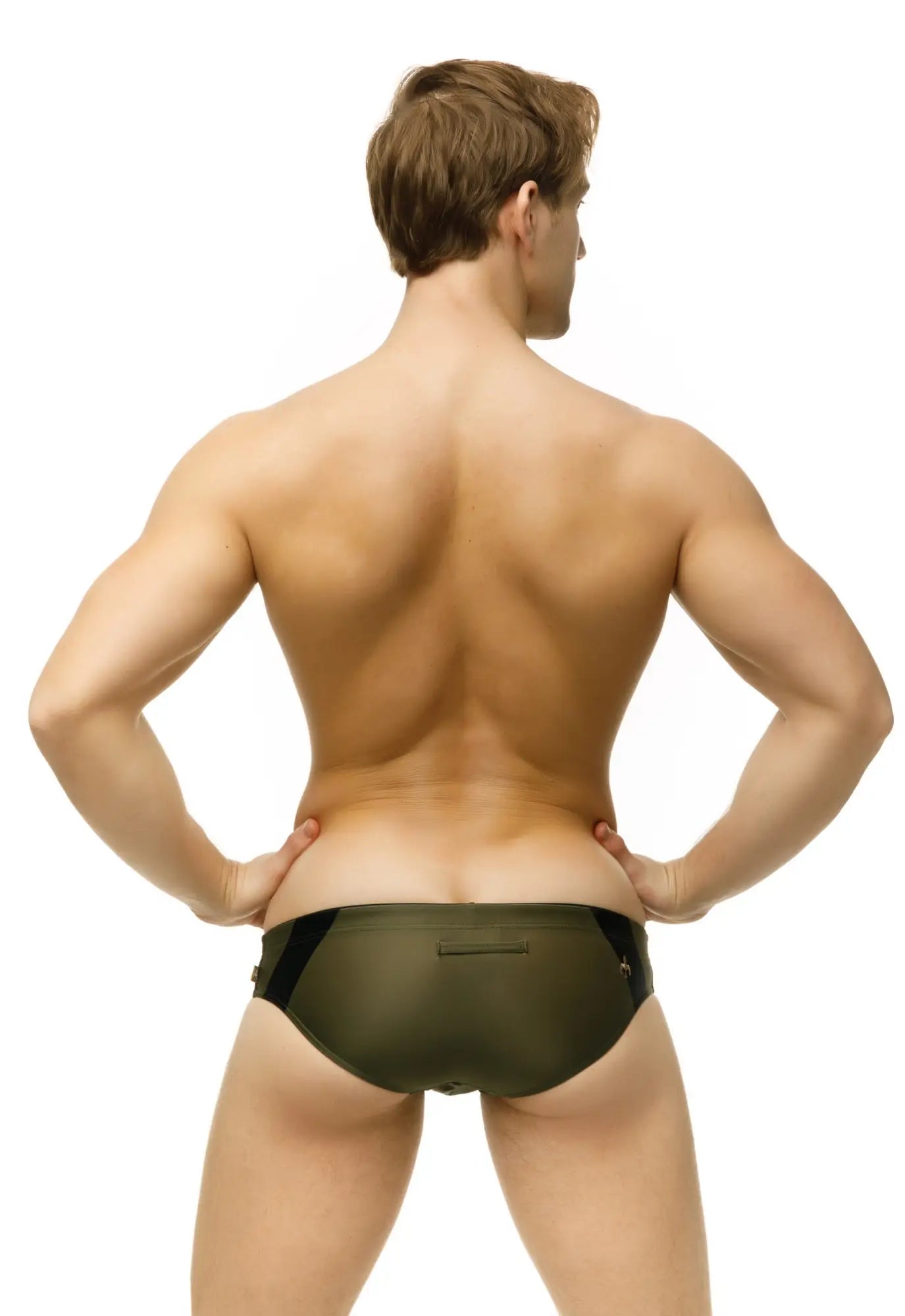 Olive green marcuse axis bikini swimwear trunks with black side panels and a small front pocket for swimming