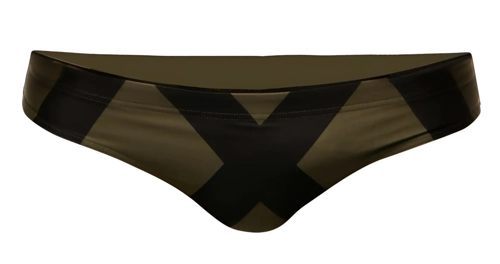A pair of olive and black geometric patterned Marcuse Axis bikini swimwear bottoms with a sleek modern design