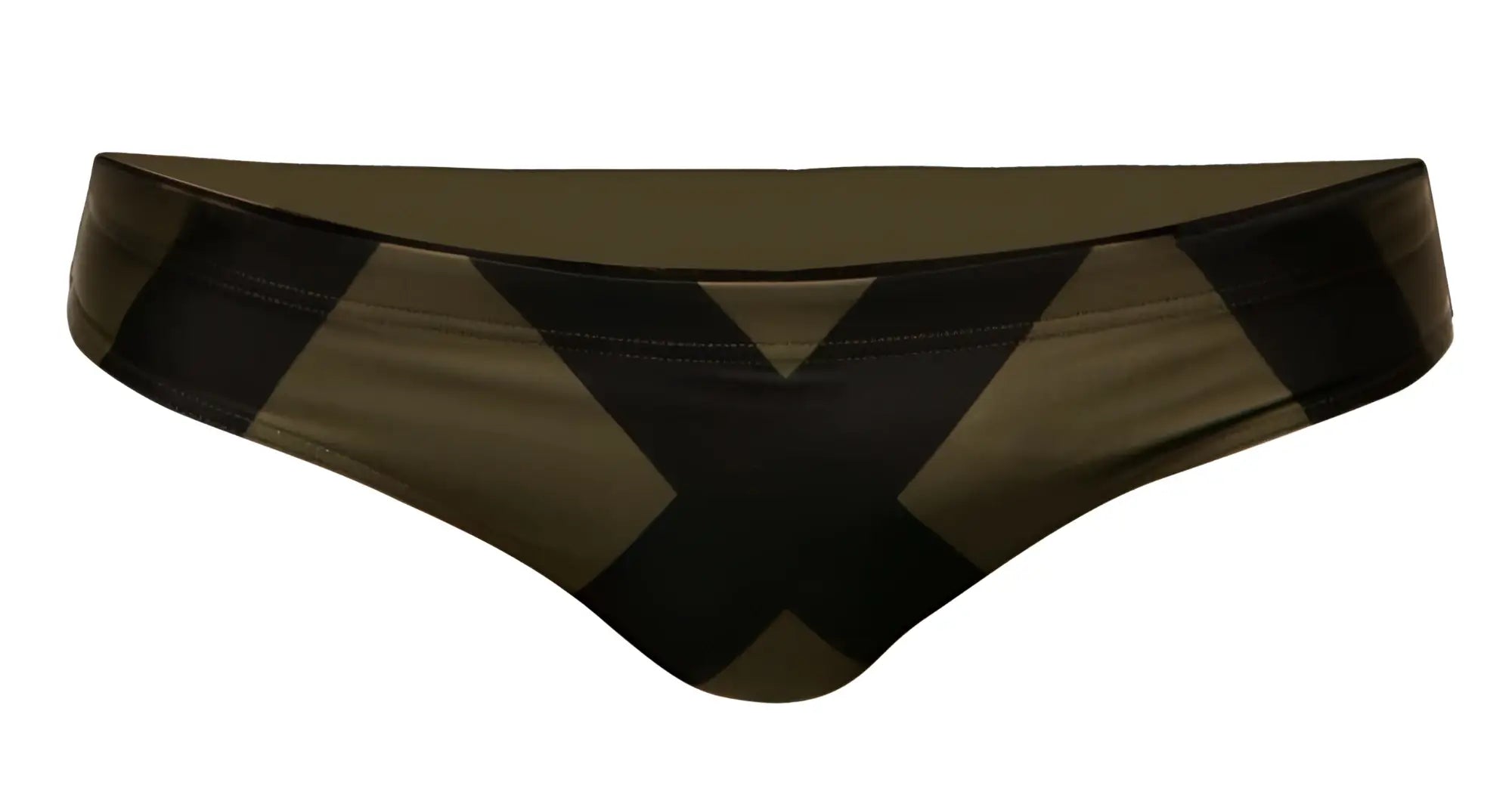 A pair of olive and black geometric patterned Marcuse Axis bikini swimwear bottoms with a sleek modern design